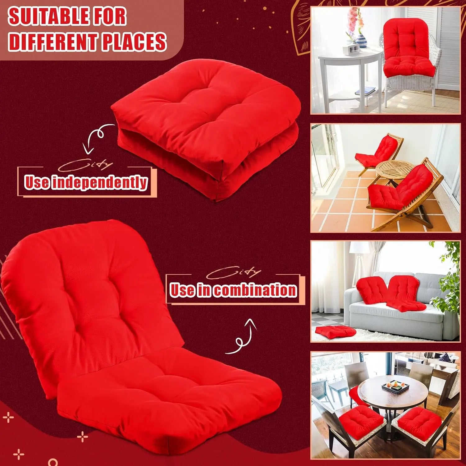 4 Pcs Outdoor Chair Cushions 18.9 x 18.9 Inch Waterproof Sun Protection Patio Furniture Overstuffed Seat Cushion Chair Pad with Round Corner for Indoor(Red) Wholesale Hub