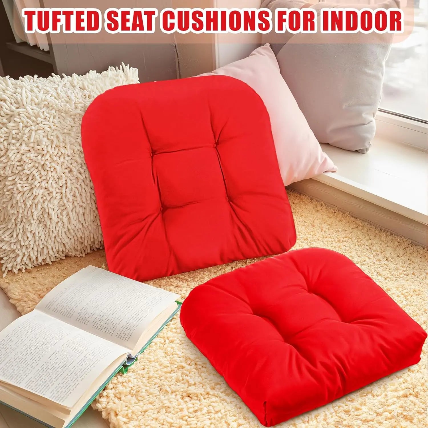 4 Pcs Outdoor Chair Cushions 18.9 x 18.9 Inch Waterproof Sun Protection Patio Furniture Overstuffed Seat Cushion Chair Pad with Round Corner for Indoor(Red) Wholesale Hub
