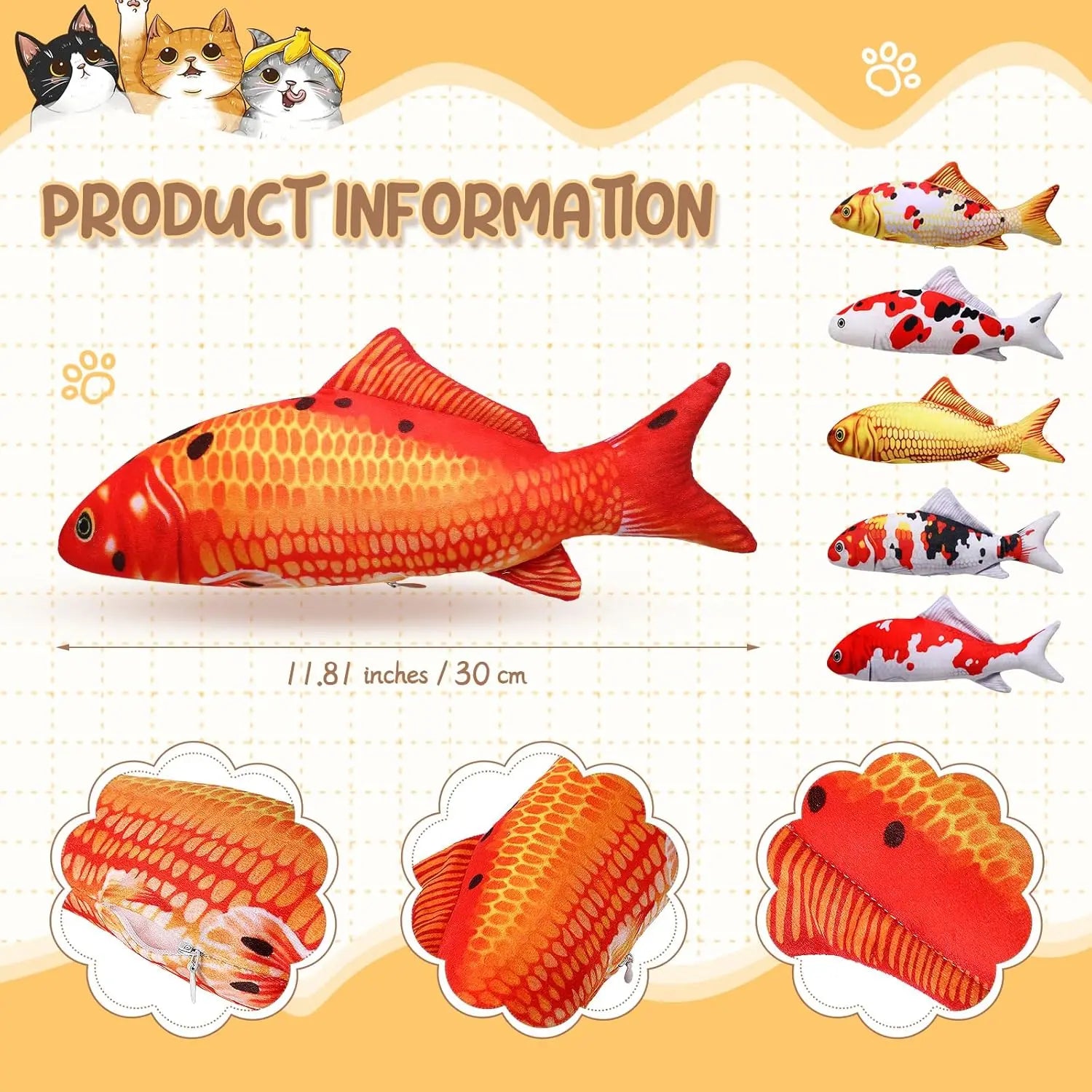 6 Pcs 12 Inch Fish-Shaped Soft Cat Cushions Pillow Realistic Pet Carp Play Pillow for Cats Birthday Gift(Classic Style) Wholesale Hub