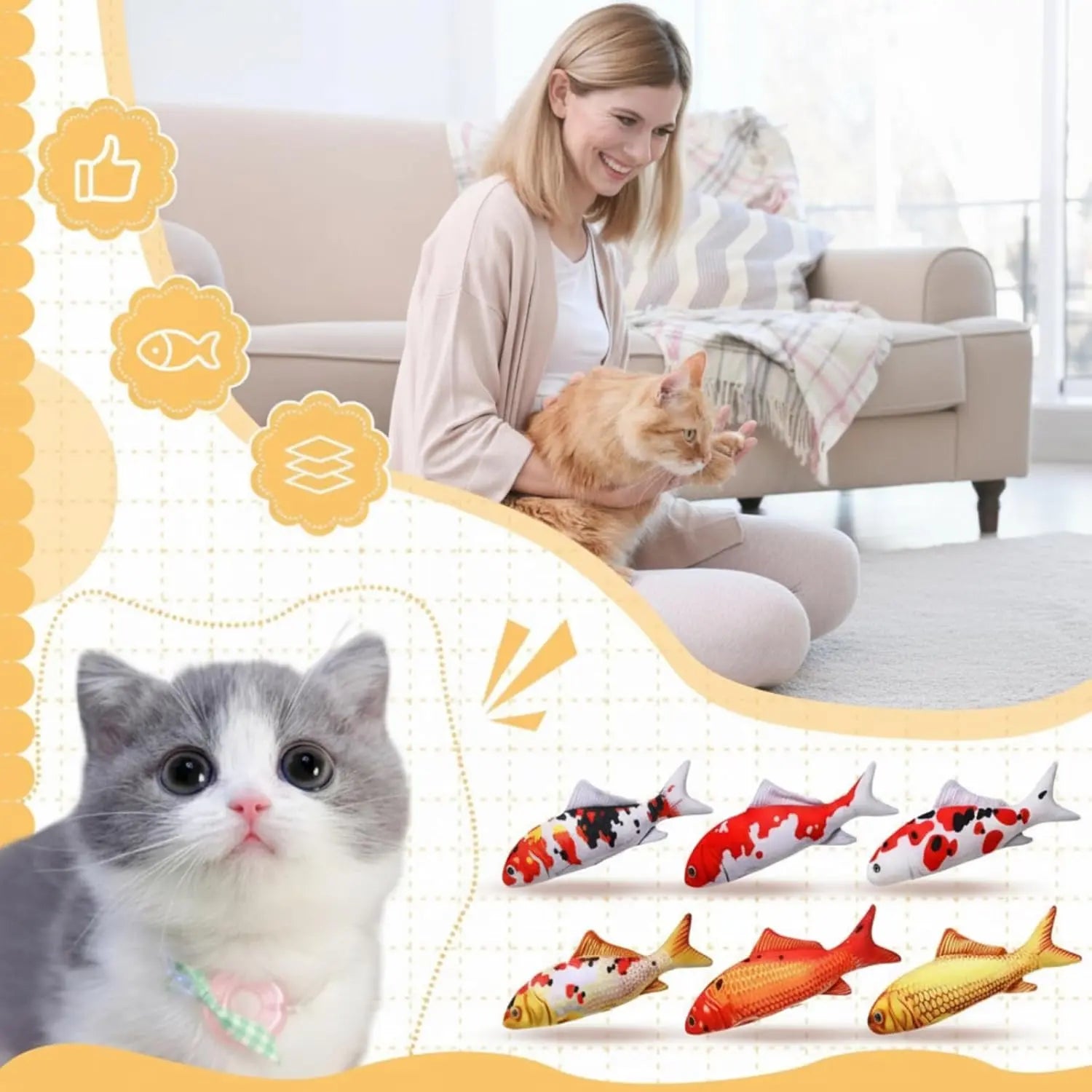 6 Pcs 12 Inch Fish-Shaped Soft Cat Cushions Pillow Realistic Pet Carp Play Pillow for Cats Birthday Gift(Classic Style) Wholesale Hub