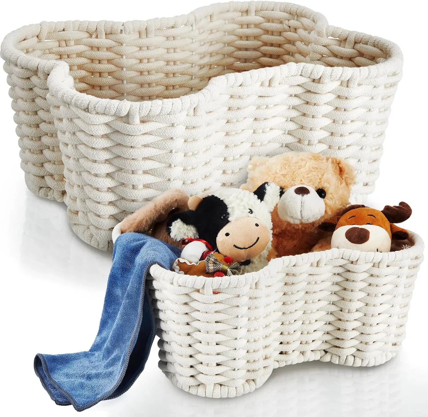 2 Pcs Dog Toy Basket Dog Toy Bin Bone Shaped Handmade Pet Organizer for Pet White Cotton Rope Basket (16.5 x 12.4 x 6.89 and 13.39 x 9.25 x 5.4) Wholesale Hub