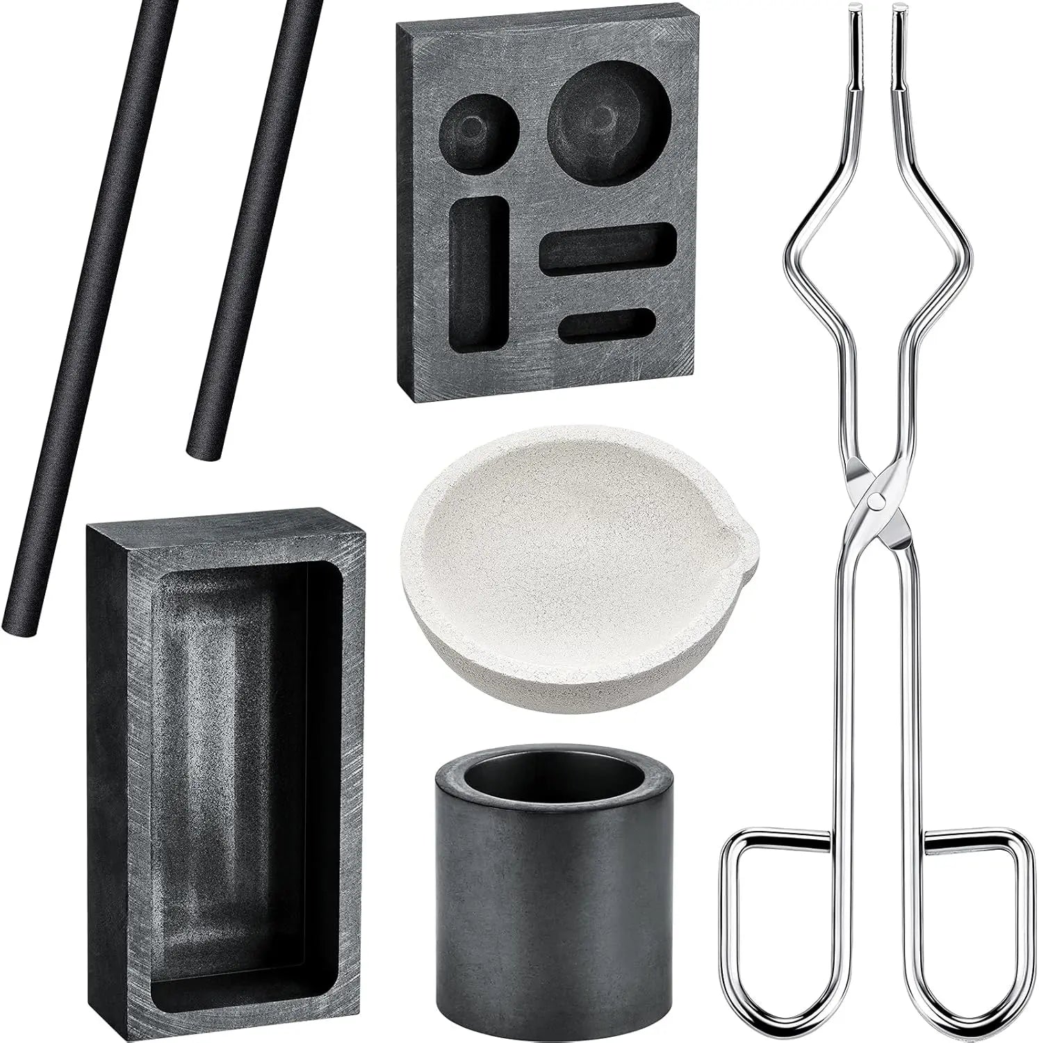7 Pieces Graphite Torch Melting Casting Kit, Including 2 Graphite Crucible Stir Stick, Graphite Casting Mould 5-in-1 Graphite Casting Ingot Mould, Quartz Crucible, Cylindrical Graphite, Tong for Melt Wholesale Hub