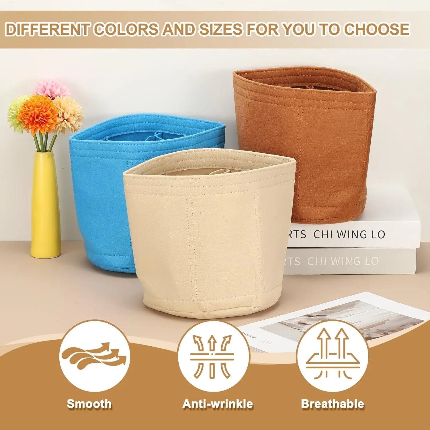 Purse Organizer Insert, 8" x 8" Portable Felt Organizer Bags Round Multiple Compartments Purse Liner for Bucket Bag, Domed Satchel, Tote Bag, Handbag Shaper, Camel Wholesale Hub