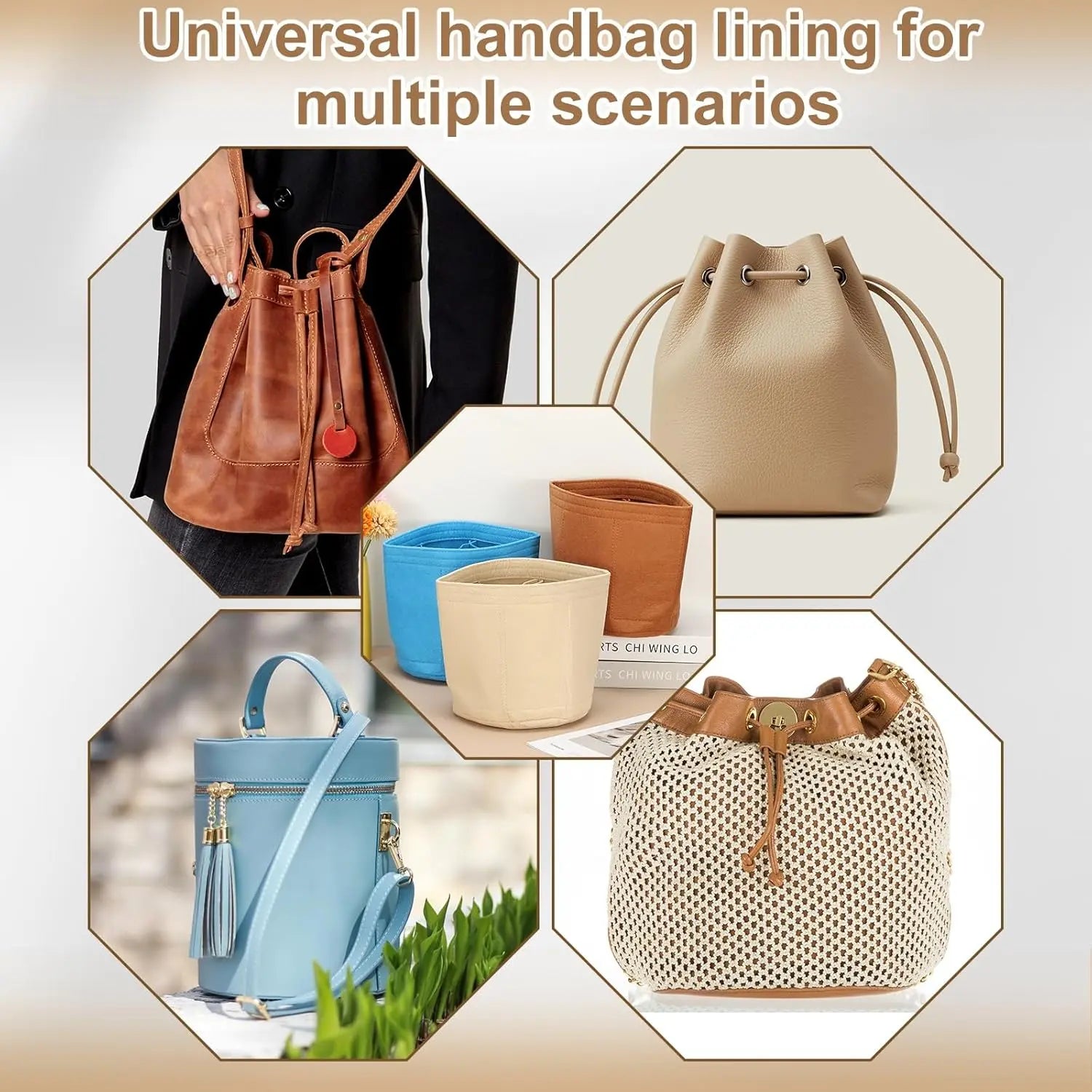 Purse Organizer Insert, 8" x 8" Portable Felt Organizer Bags Round Multiple Compartments Purse Liner for Bucket Bag, Domed Satchel, Tote Bag, Handbag Shaper, Camel Wholesale Hub