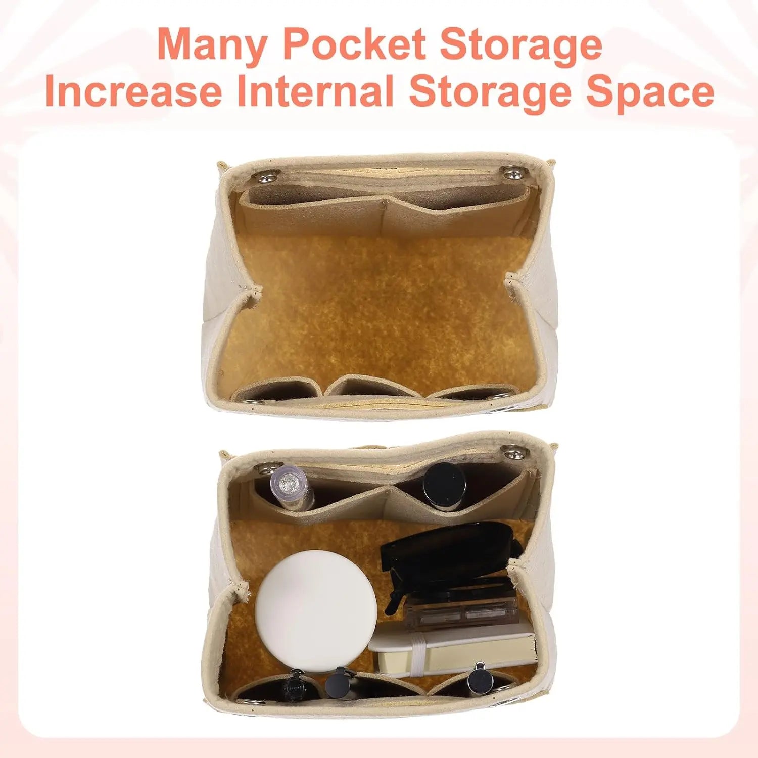 Purse Organizer Insert, Portable Felt Organizer Bags with Snap Multiple Compartments Purse Liner for Domed Satchel, Tote Bag, Handbag Shaper (7" x 4" x 6.3", Beige) Wholesale Hub