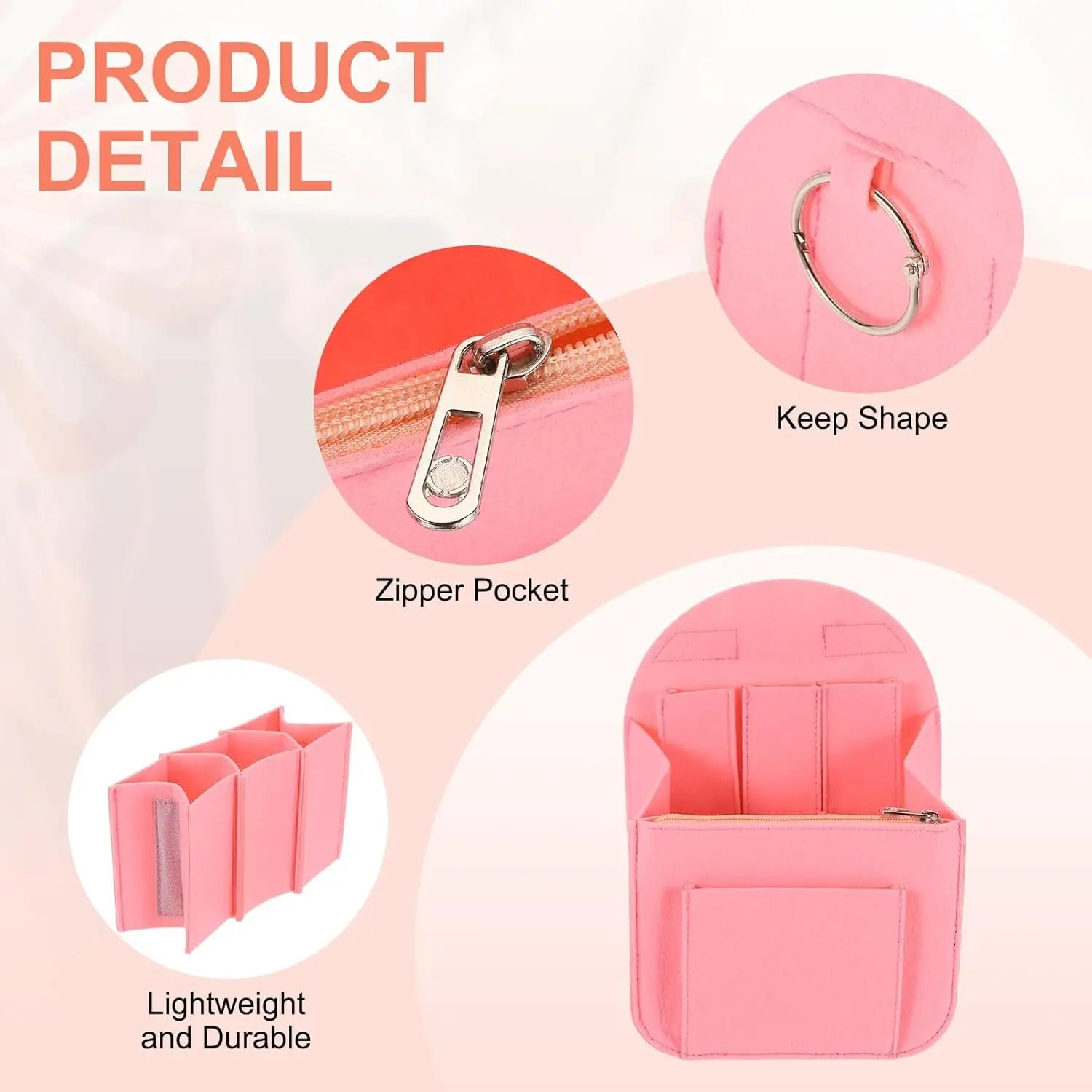 Purse Organizer Insert, Portable Felt Organizer Bags with Metal Zipper Multiple Compartments Purse Liner for Backpack Rucksack Handbag Shoulder Bag (7.7" x 5" x 11", Pink) Wholesale Hub