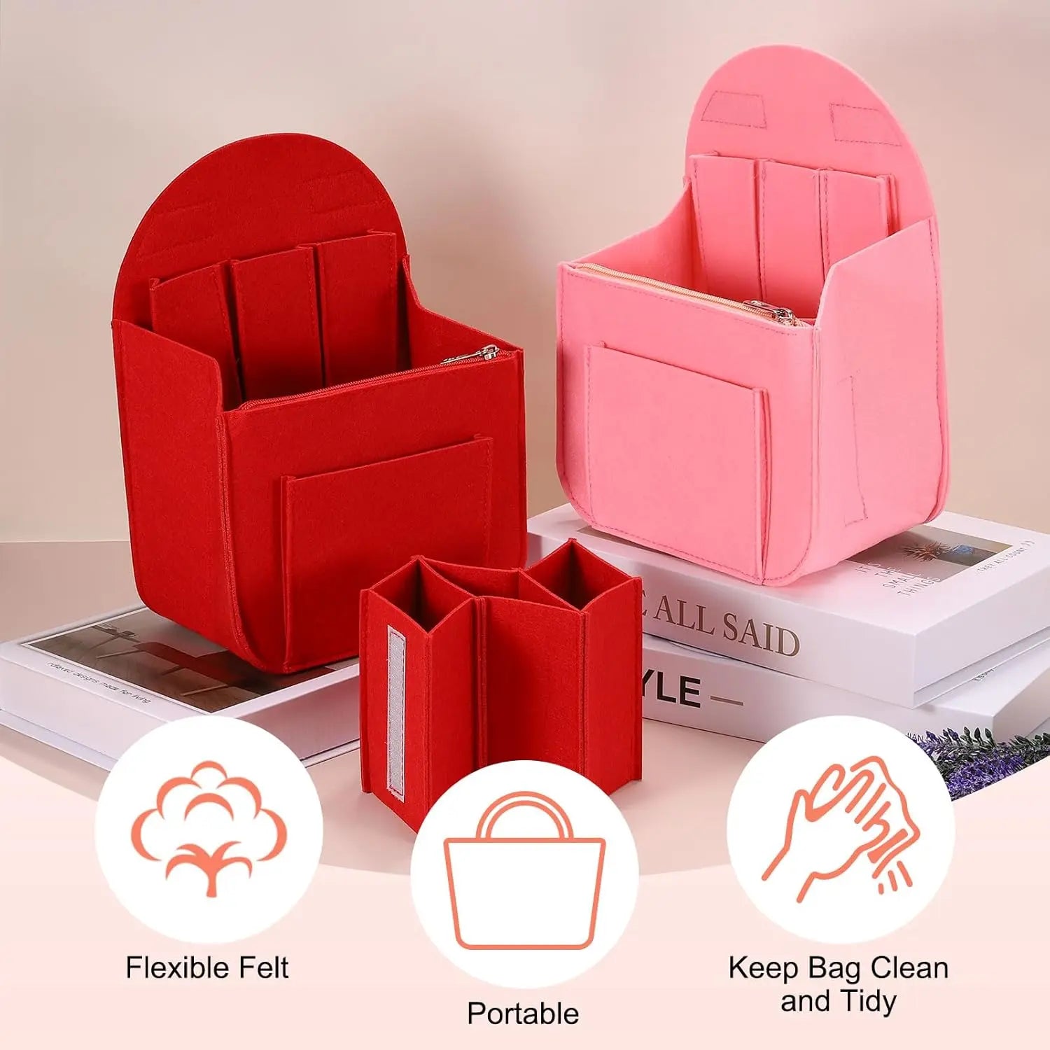 Purse Organizer Insert, Portable Felt Organizer Bags with Metal Zipper Multiple Compartments Purse Liner for Backpack Rucksack Handbag Shoulder Bag (7.7" x 5" x 11", Pink) Wholesale Hub