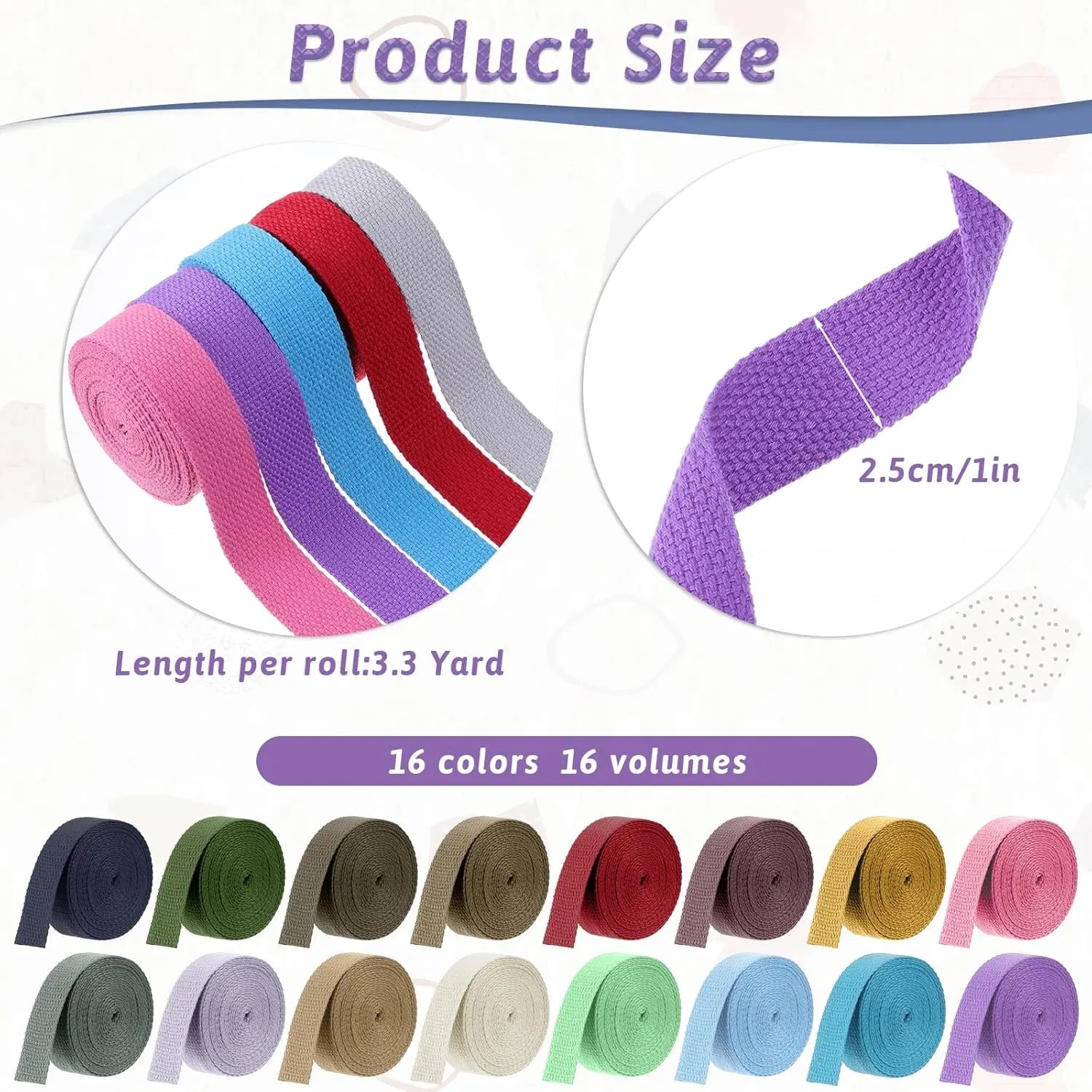 Vin Beauty 16 Rolls Cotton Webbing Strap 1 Inch Wide 3.3 Yard Polyester Webbing Straps for Bag Making Supplies, 16 Colors Nylon Twill Tape Strapping for Pets, DIY Crafts Furniture Backpack, Gardening Wholesale Hub
