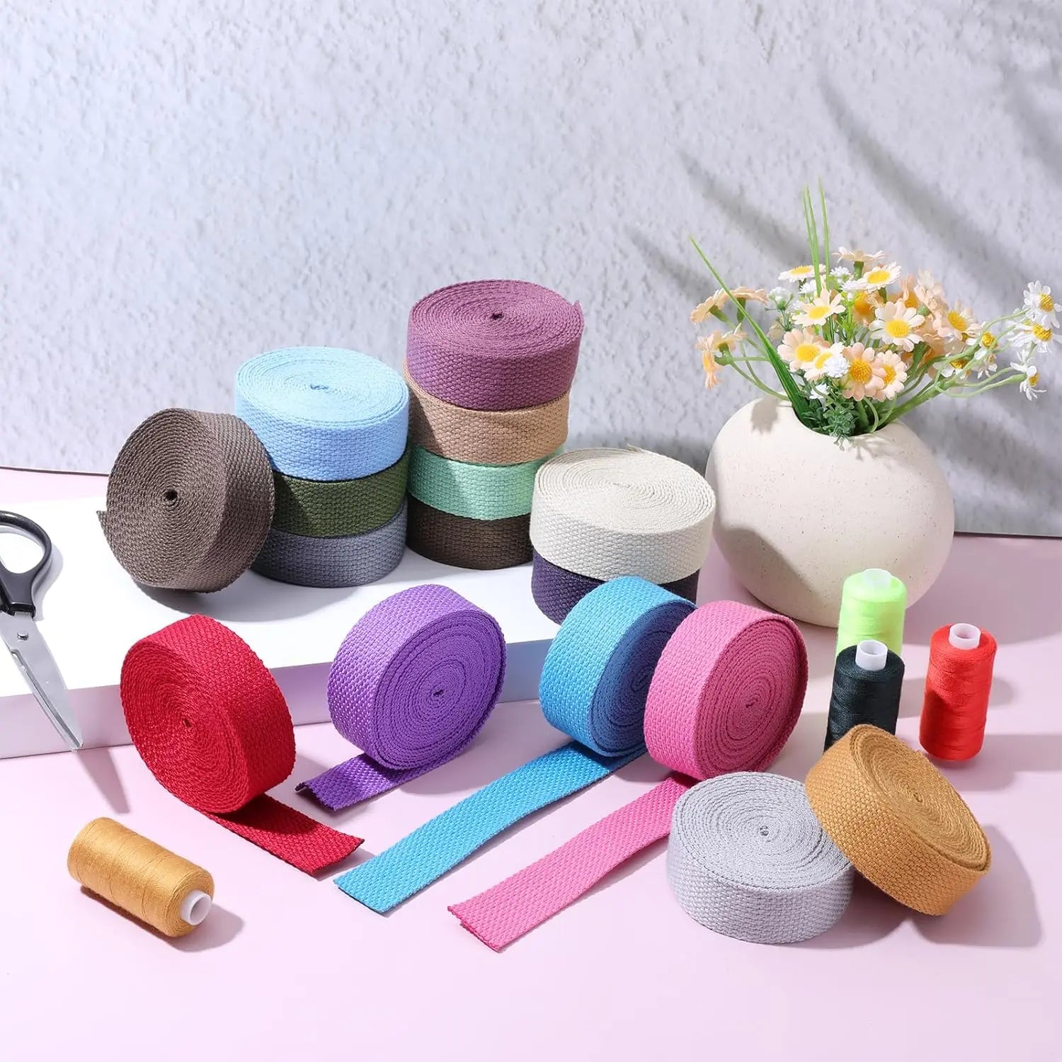Vin Beauty 16 Rolls Cotton Webbing Strap 1 Inch Wide 3.3 Yard Polyester Webbing Straps for Bag Making Supplies, 16 Colors Nylon Twill Tape Strapping for Pets, DIY Crafts Furniture Backpack, Gardening Wholesale Hub