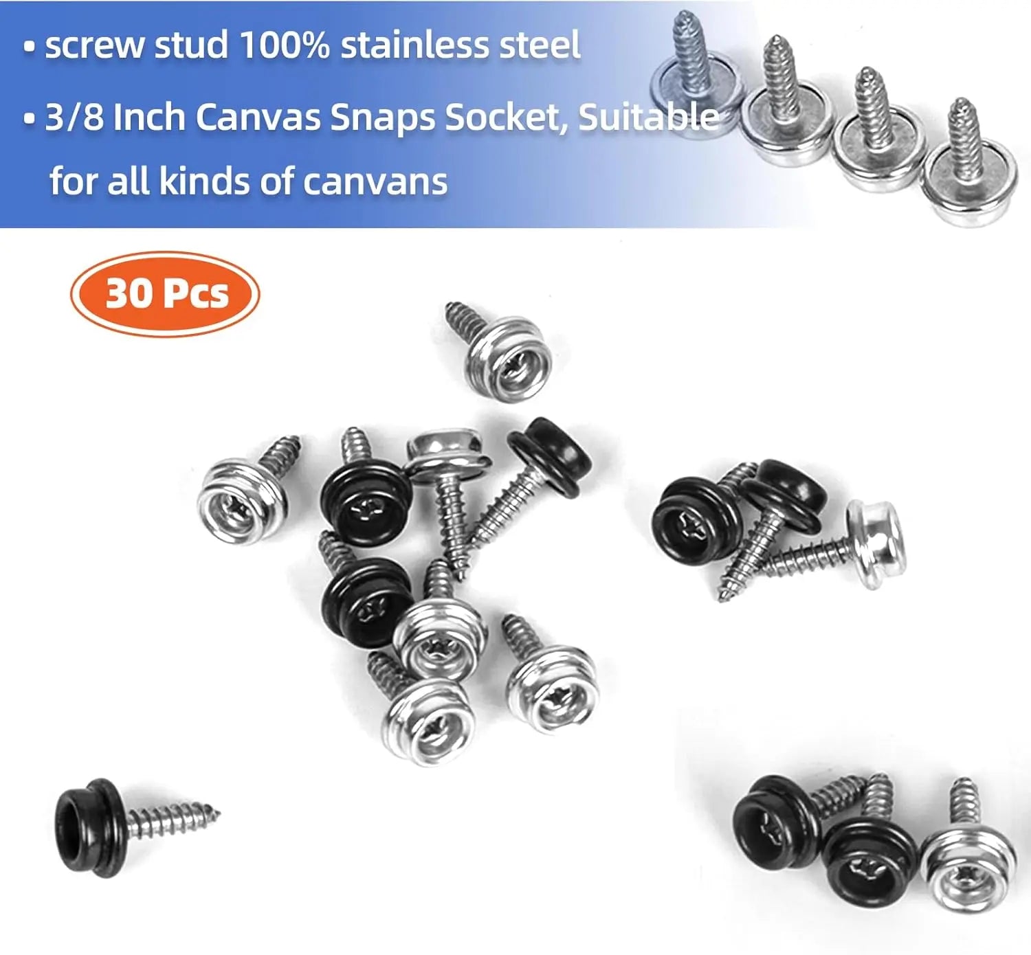 1" Boat Canvas Snaps, Marine Grade Boat Cover Snaps Stainless Steel Screws, 3/8" Socket Snap with Stainless Steel 1" Screw, 30 PCS Wholesale Hub