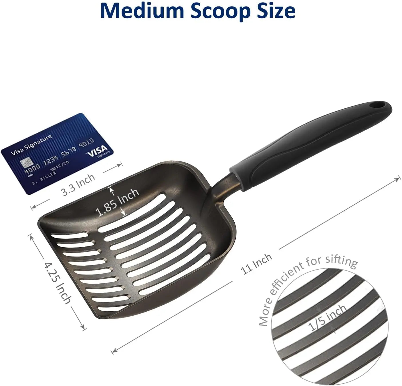 Cat Litter Scoop, Non-Stick Plated Aluminum Alloy Sifter, Kitty Durable Metal Scooper, Deep Shovel, Long Handle, Kitten Pooper Lifter, Size Medium, Coated Black Body with Black Handle Wholesale Hub