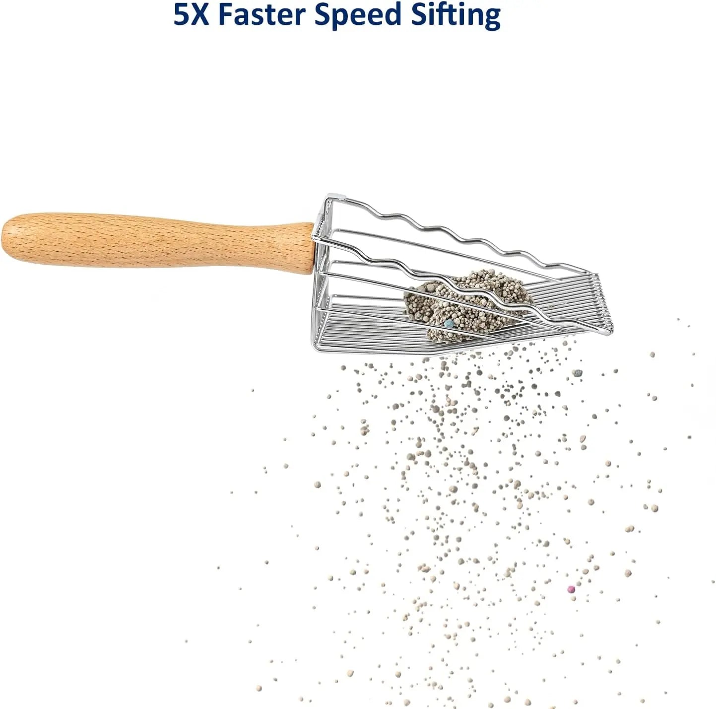 Premium Metal Cat Litter Scoop, 5X Faster Speed Sifter, Heavy Duty Steel Kitty Scooper, Beech Wood Handle, for All Litter Types, Silver Wholesale Hub