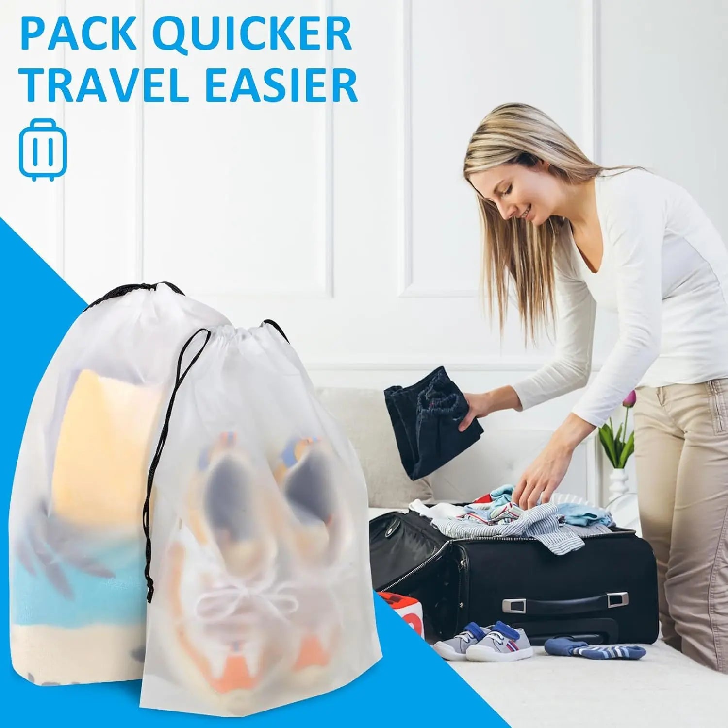 , Waterproof Travel Drawstring Shoe Bags for Packing, Storage, Travel Essentials for Men and Women, 15.7 x 11.8 inches, Clear, 5 pieces Wholesale Hub