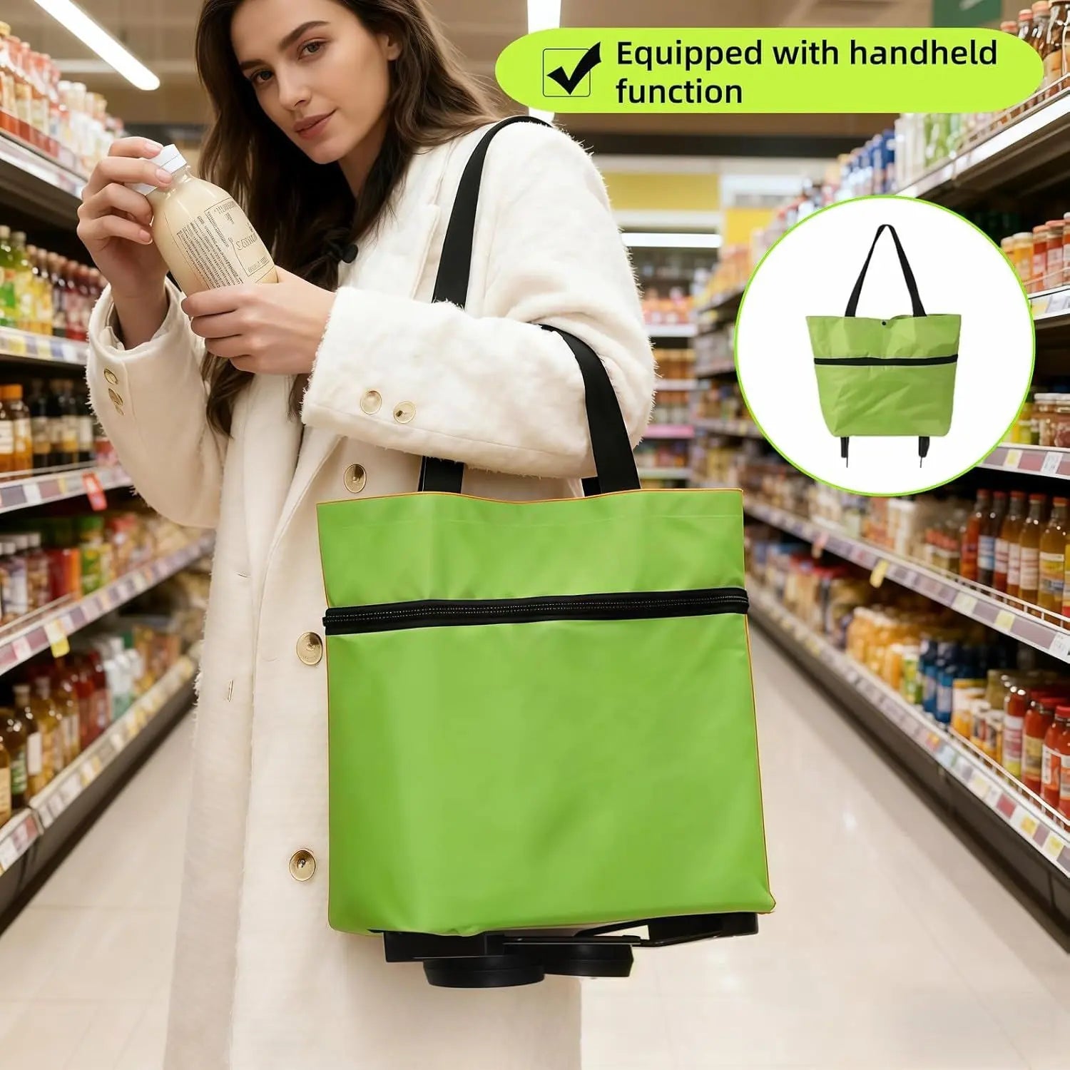 2-in-1 Foldable Shopping Cart with Wheels,Waterproof & Sturdy Grocery Bag Hand Truck, Collapsible Portable Rolling Tote for Supermarket,Laundry,Travel,33 lbs Capacity,Waterproof Oxford Fabric Wholesale Hub