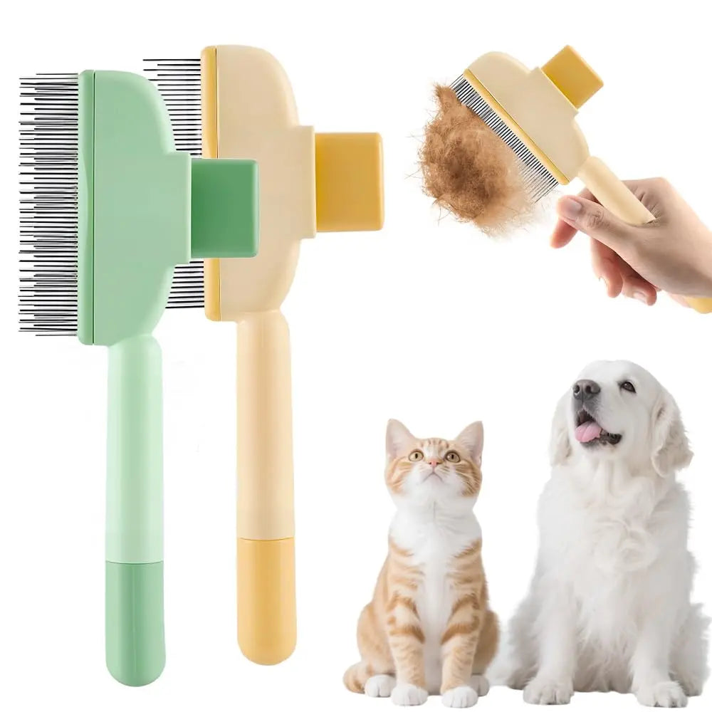 2-in-1 Pet Grooming Brh, Magic Pet Hair Remover Comb with Self-Cleaning Button for Dogs & Cats, Shedding Brh for Long/Short Hair, Home & Furniture Fur Removal Tool (Green + Yellow) Wholesale Hub