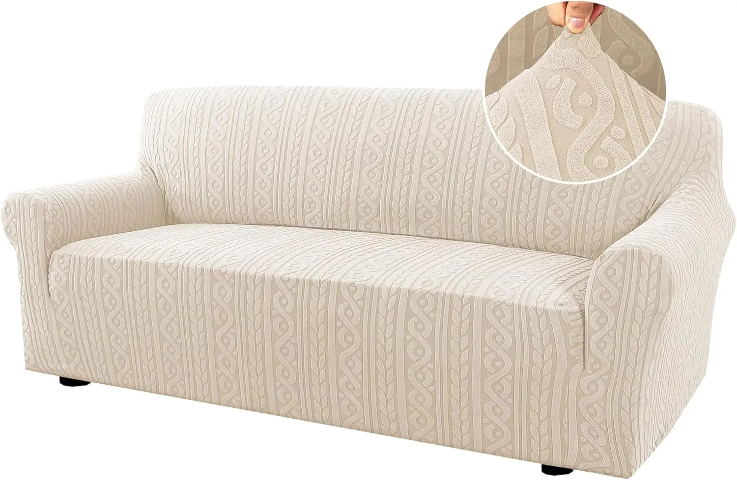 Sofa Cover 1 Piece Stretch Sofa Slipcovers Non Slip Sofa Cover with Elastic Bottom Washable for Kids, Pets Upgrade Thick Jacquard Fabric with Spiral Pattern(75"-85", Ivory) Wholesale Hub