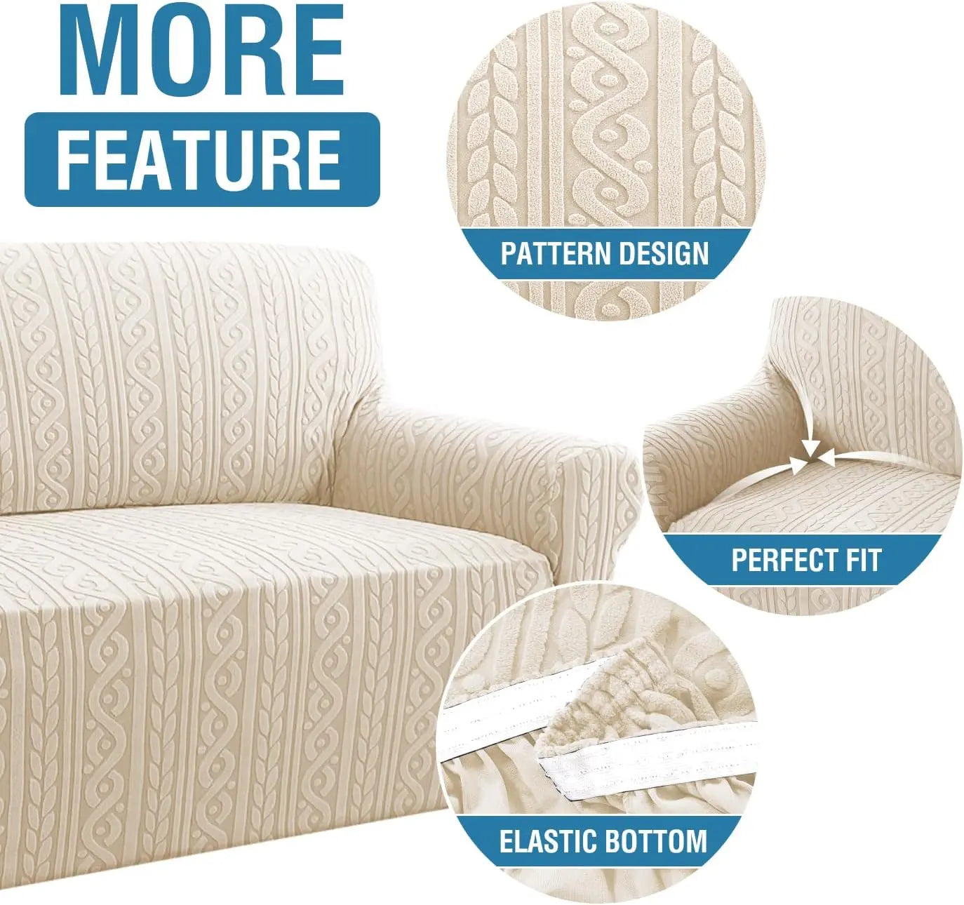 Sofa Cover 1 Piece Stretch Sofa Slipcovers Non Slip Sofa Cover with Elastic Bottom Washable for Kids, Pets Upgrade Thick Jacquard Fabric with Spiral Pattern(75"-85", Ivory) Wholesale Hub