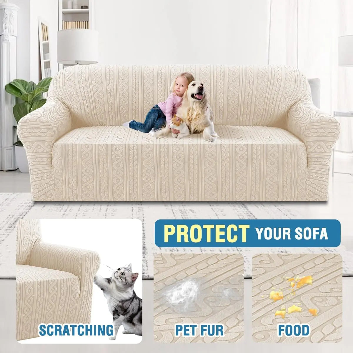 Sofa Cover 1 Piece Stretch Sofa Slipcovers Non Slip Sofa Cover with Elastic Bottom Washable for Kids, Pets Upgrade Thick Jacquard Fabric with Spiral Pattern(75"-85", Ivory) Wholesale Hub