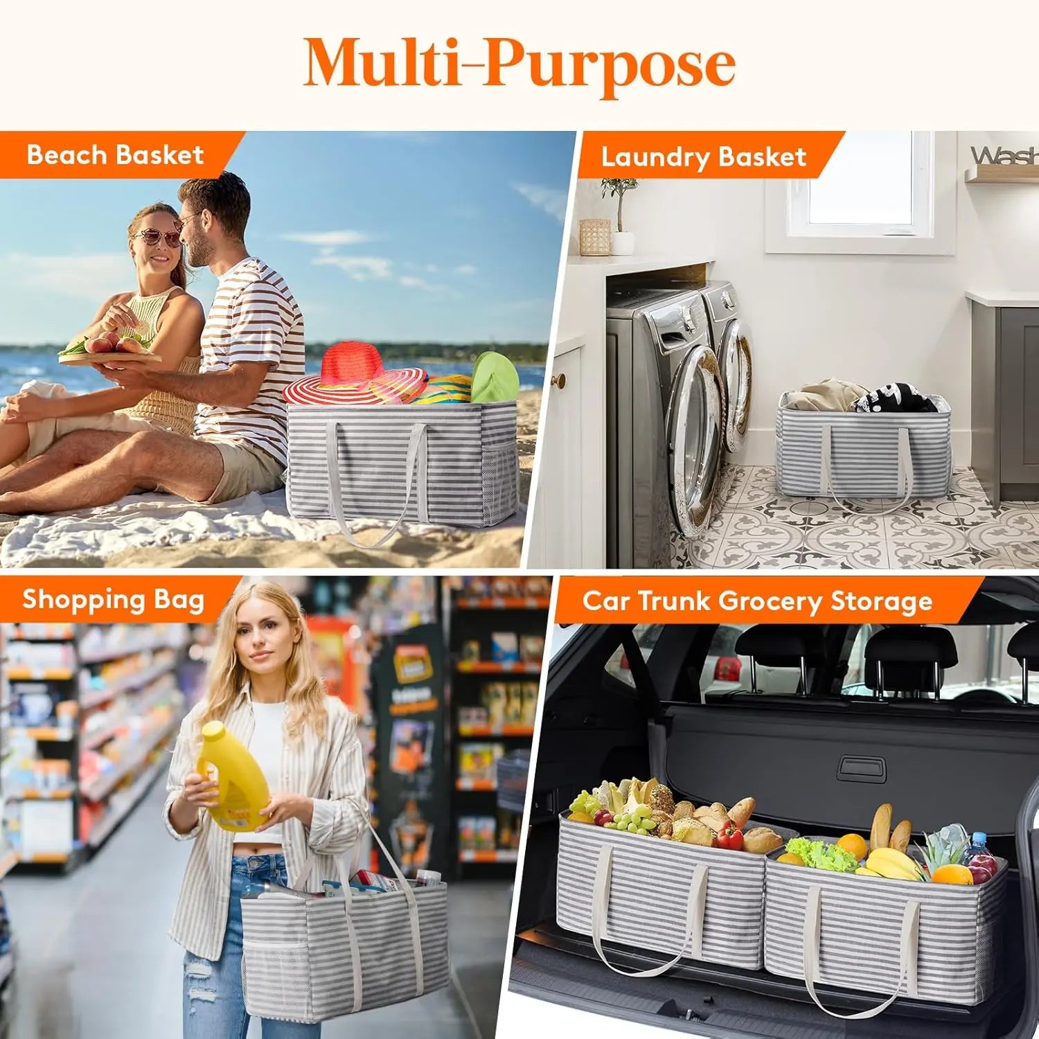 Extra Large Tote Bag, Reable Grocery Bags with Metal Wire Frame and Handles, Standing Utility Foldable Shopping Bags for Storage, Picnics, Beach, Laundry, Car, 46L, 1 Pack, Gray Wholesale Hub