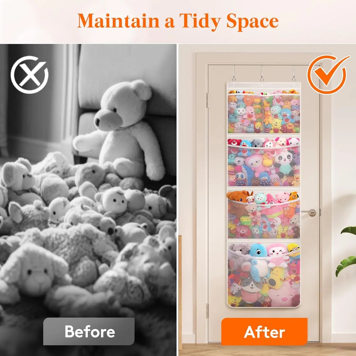 Stuffed Animal Storage, Over the Door Organizer with 5 Expandable Mesh Pockets, Breathable Oxford Fabric Hanging Kid Baby Plh Toy Holder for Nursery, 167 cm (65.8'') High, White, 1 Pack Wholesale Hub
