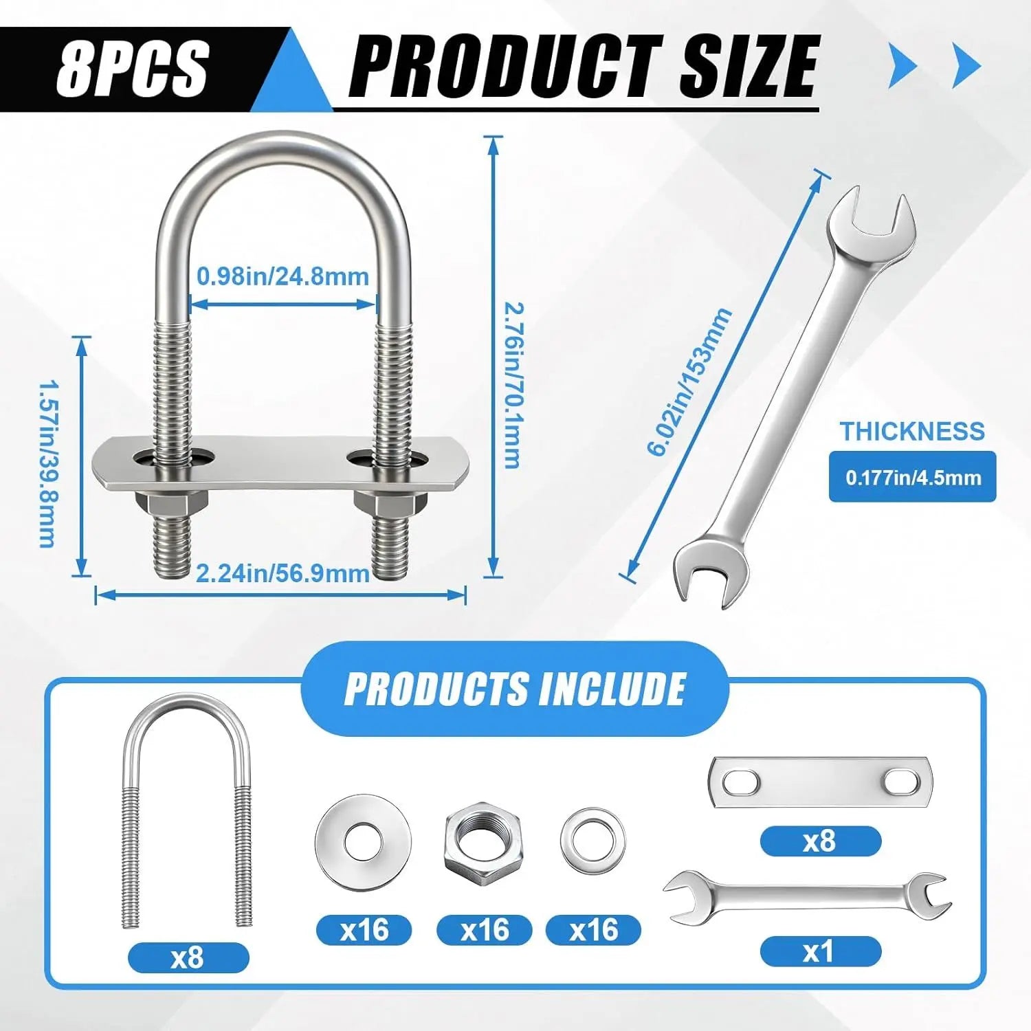 8 Sets M6 U Bolts 1 Inch Wide, 304 Stainless Steel Heavy Duty 25mm x 70mm U Bolts with Nuts, Bolt Plate, Washers and Wrench for Boat Trailer Wholesale Hub