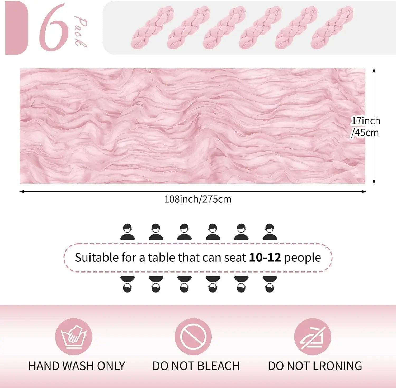 6 Pack Light Pink Cheesecloth Table Runner 17x108 Inch Semi Sheer Boho Gauze Cheese Cloth Fabric Table Runners Table Decor for Wedding Party Baby Shower Birthday Home Decor Garden Farmhouse Wholesale Hub