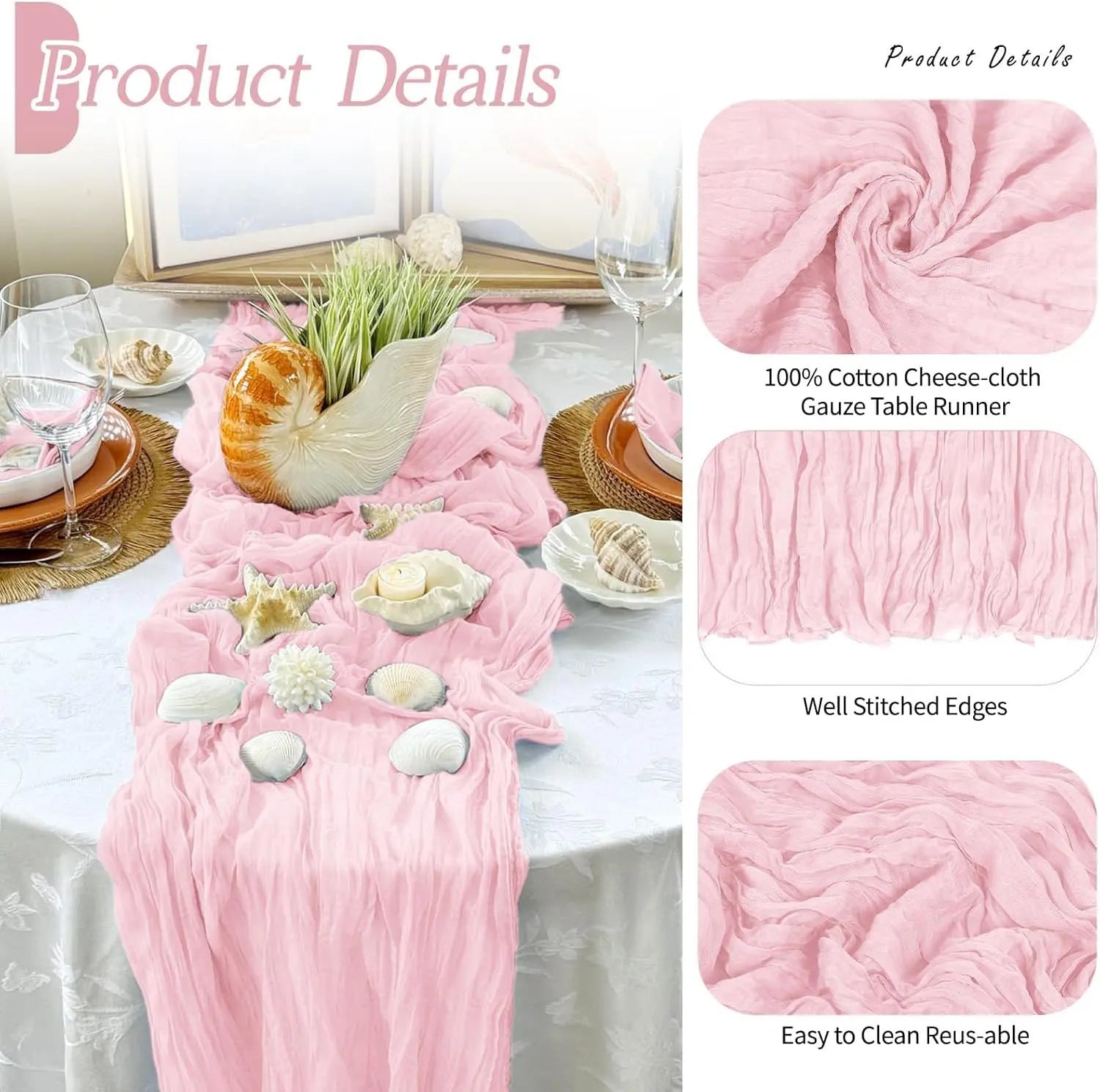 6 Pack Light Pink Cheesecloth Table Runner 17x108 Inch Semi Sheer Boho Gauze Cheese Cloth Fabric Table Runners Table Decor for Wedding Party Baby Shower Birthday Home Decor Garden Farmhouse Wholesale Hub