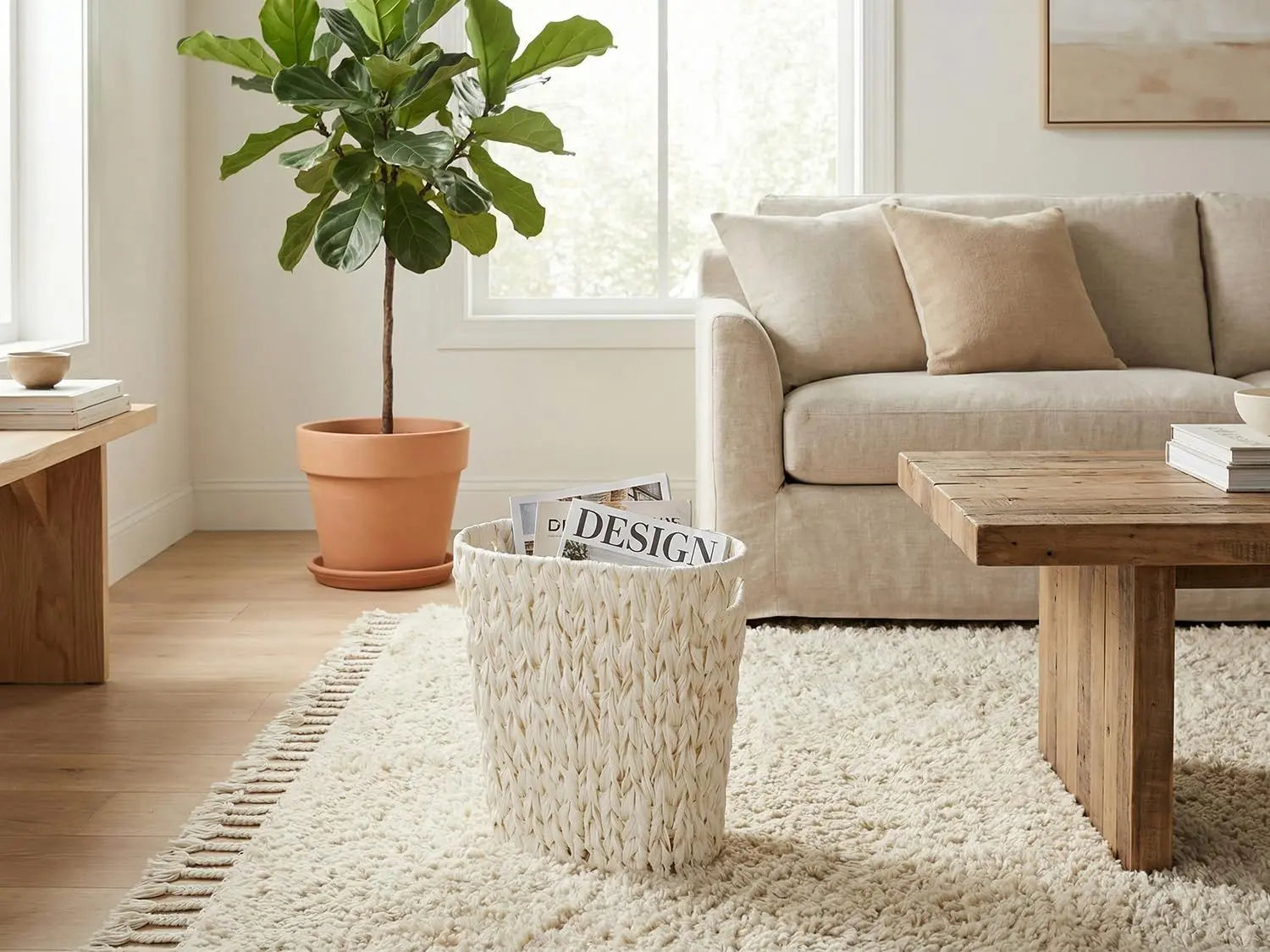 Wicker Trash Can,Bathroom Trash Can,Waterproof Wicker Waste Basket for Bathroom,Narrow Small Waste Basket for Bedroom,Office, Cream White 5 Gallon Wholesale Hub