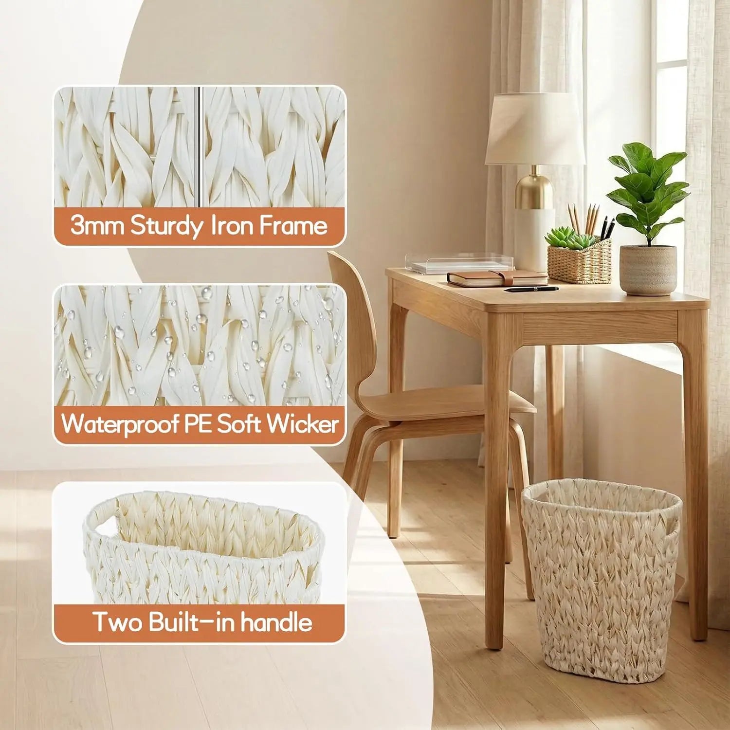 Wicker Trash Can,Bathroom Trash Can,Waterproof Wicker Waste Basket for Bathroom,Narrow Small Waste Basket for Bedroom,Office, Cream White 5 Gallon Wholesale Hub