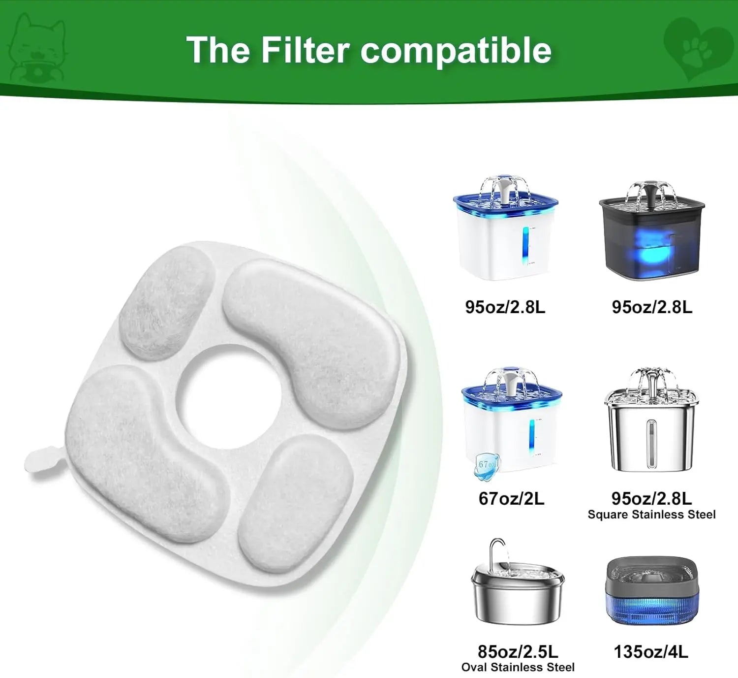 24 Pcs Cat Water Fountain Filter,12 Pack Filters & 12 Pack Pre-Filter Sponges, Compatible with 95oz/2.8L Pet Fountain Wholesale Hub