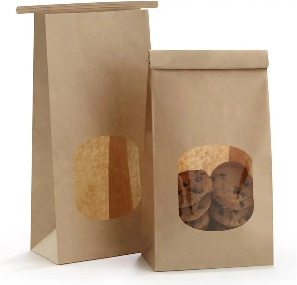 Bakery Bags with Window 100pcs 4.5x2.36x9.6 Inches Window Tin Tie Tab Lock Kraft Brown Paper Bags for Coffee Bean, Cookies, Treat, Snack Wholesale Hub