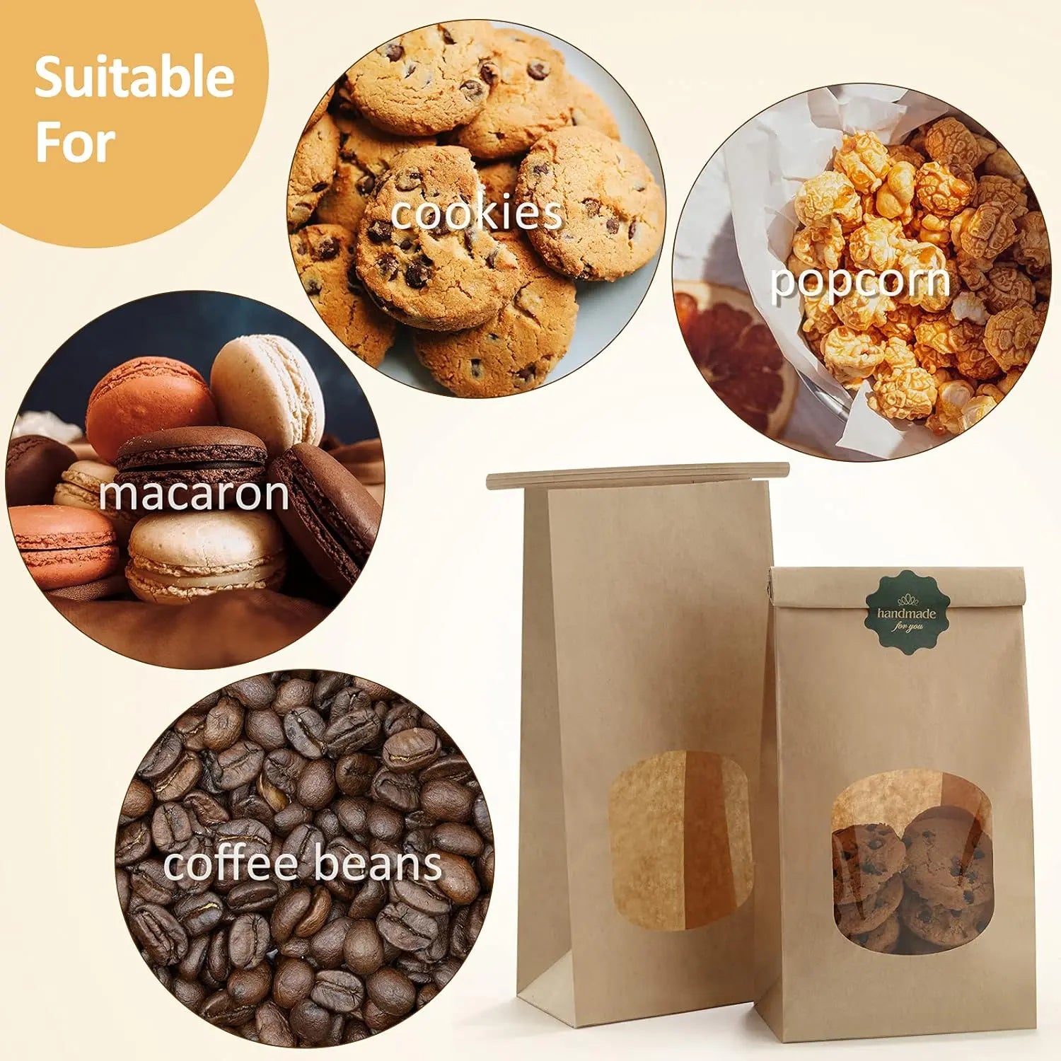 Bakery Bags with Window 100pcs 4.5x2.36x9.6 Inches Window Tin Tie Tab Lock Kraft Brown Paper Bags for Coffee Bean, Cookies, Treat, Snack Wholesale Hub