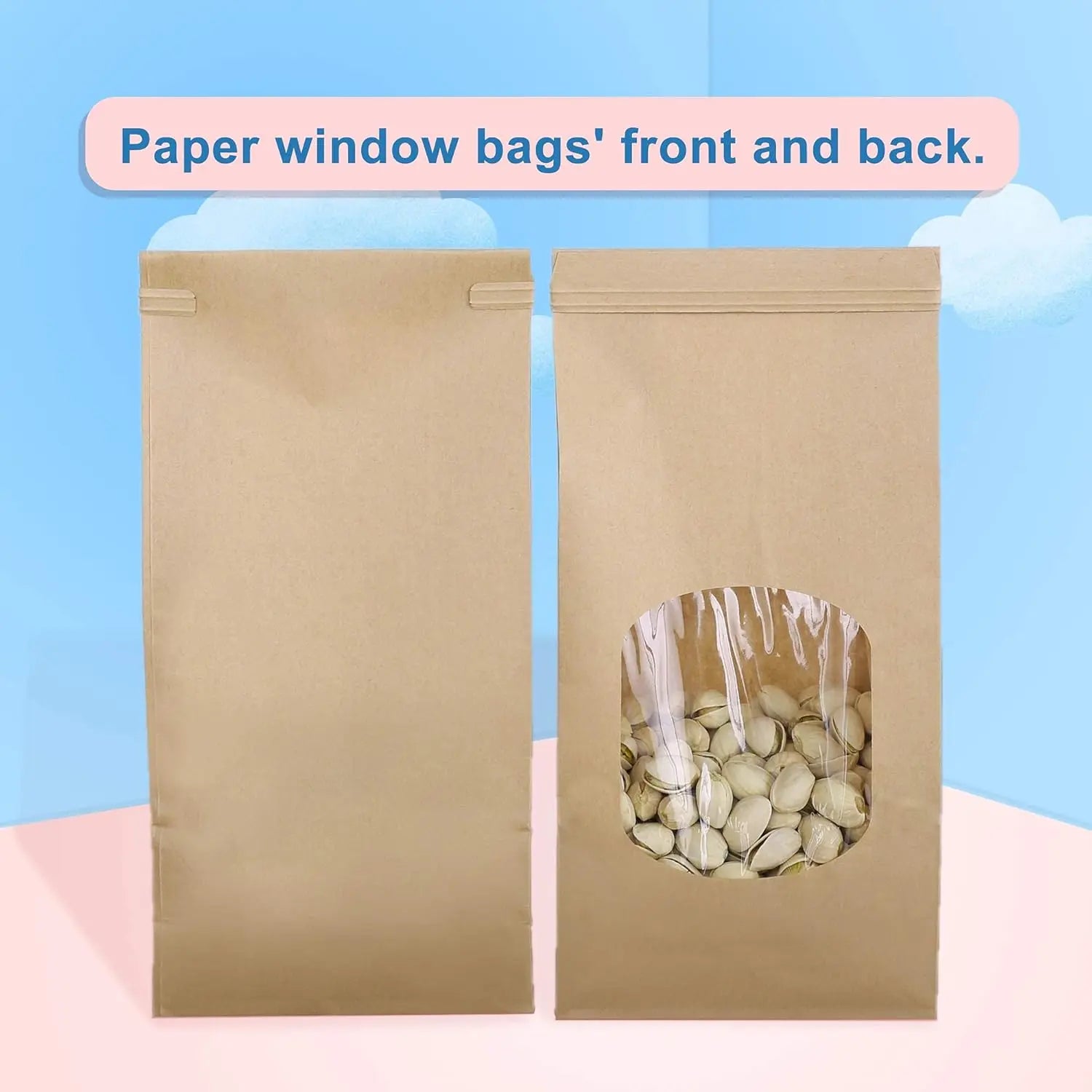 Bakery Bags with Window 100pcs 4.5x2.36x9.6 Inches Window Tin Tie Tab Lock Kraft Brown Paper Bags for Coffee Bean, Cookies, Treat, Snack Wholesale Hub