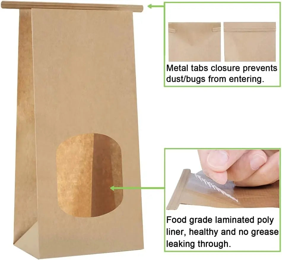 Bakery Bags with Window 100pcs 4.5x2.36x9.6 Inches Window Tin Tie Tab Lock Kraft Brown Paper Bags for Coffee Bean, Cookies, Treat, Snack Wholesale Hub