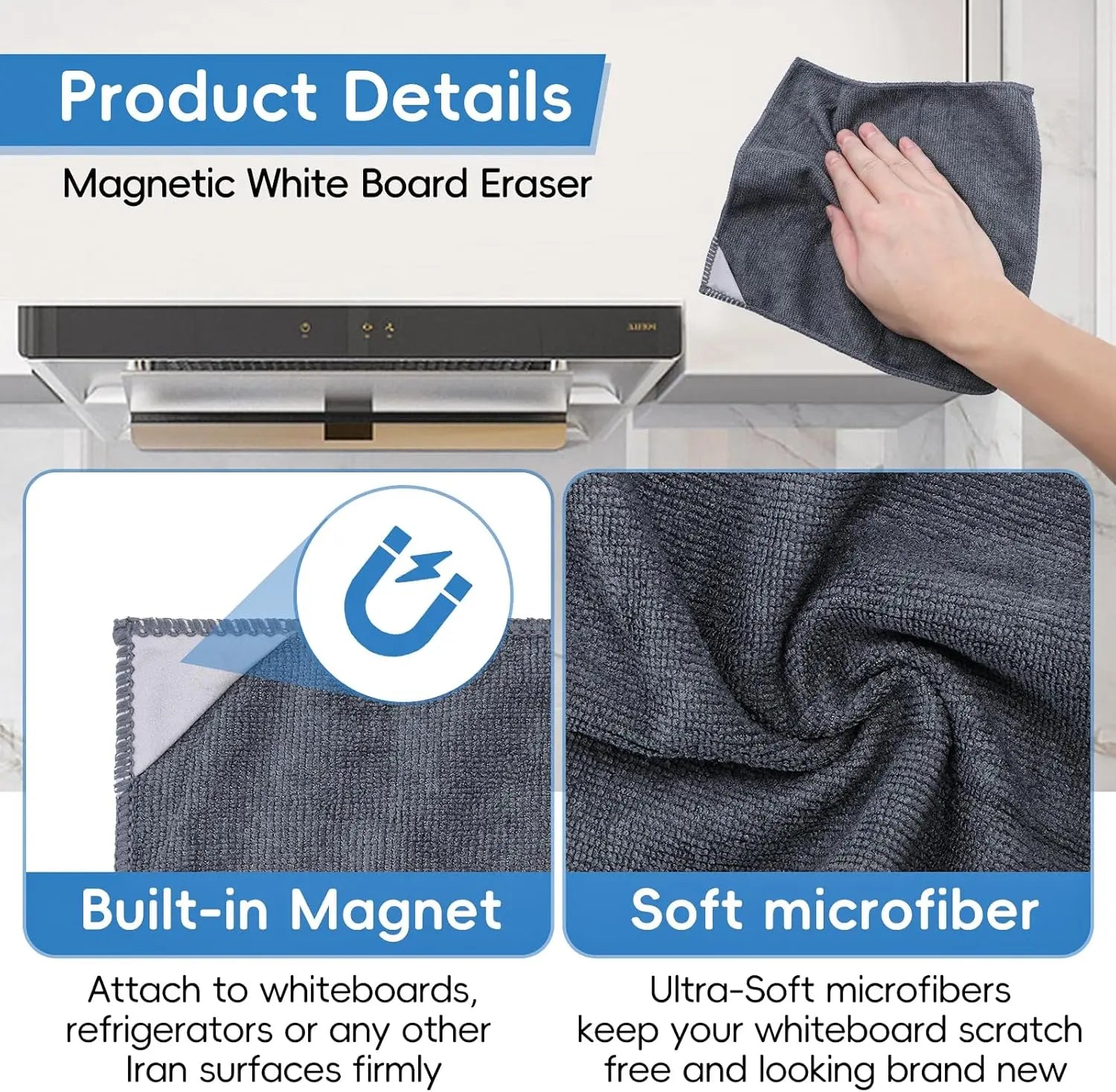 4 Pack Magnetic Microfiber Cleaning Cloth, Dry Erase Erasers Cleaner for Whiteboards, Blackboards, Chalkboards, Glassboards, Home, Office, School, Gray, 10'' x 9.25'' Wholesale Hub