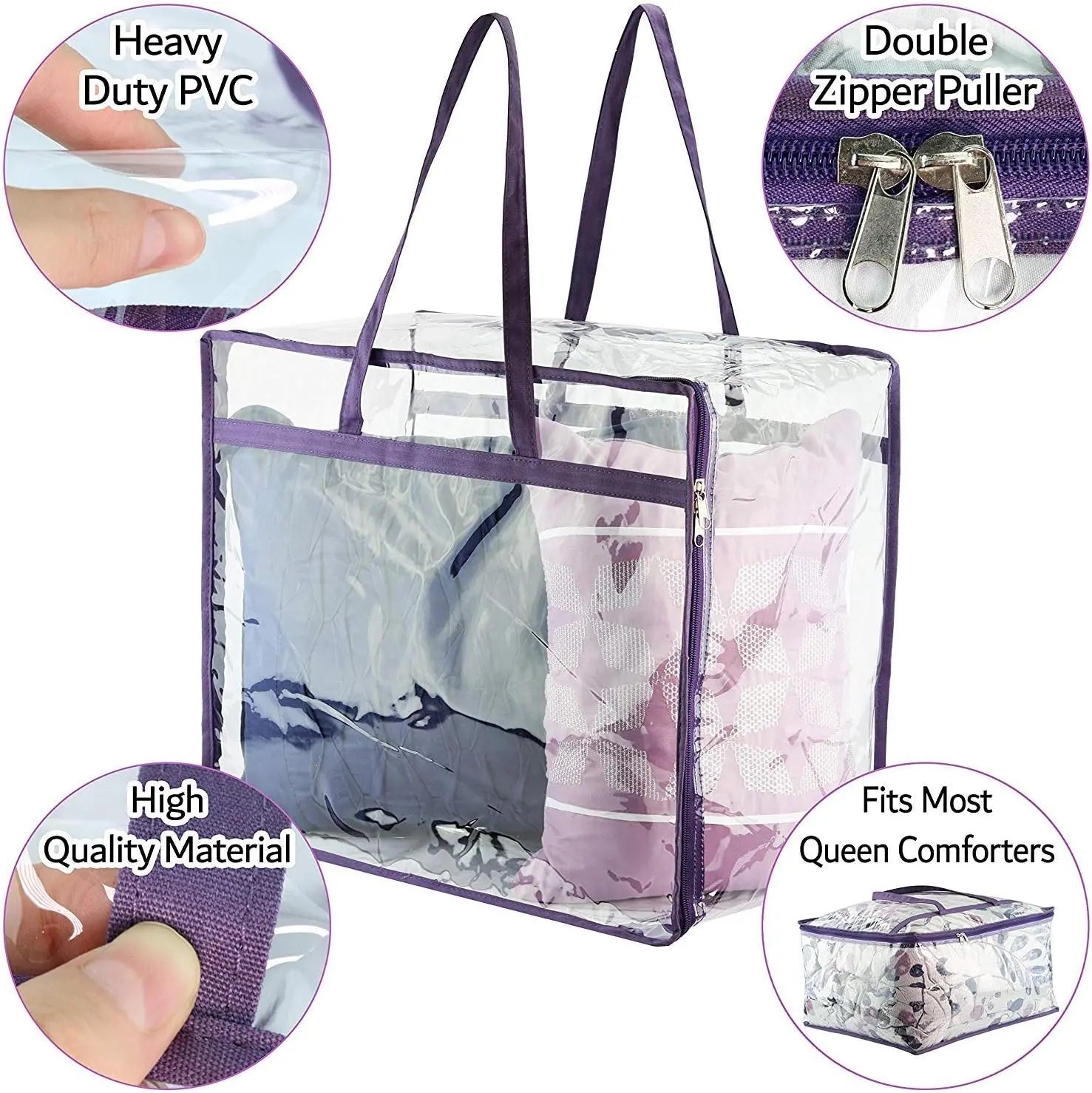 Clear Vinyl Zippered Storage Bags (3-Pack) 40L Sturdy Storage Bags for Sweaters, Blankets, Comforters, Bedding Sets and Much More! (Purple, 18x15x9) Wholesale Hub