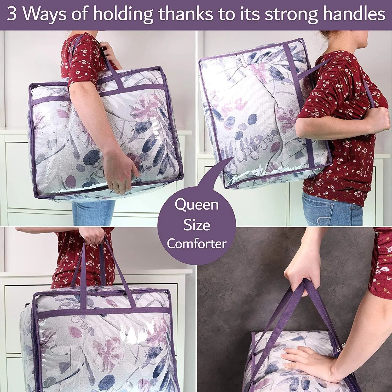 Clear Vinyl Zippered Storage Bags (3-Pack) 40L Sturdy Storage Bags for Sweaters, Blankets, Comforters, Bedding Sets and Much More! (Purple, 18x15x9) Wholesale Hub