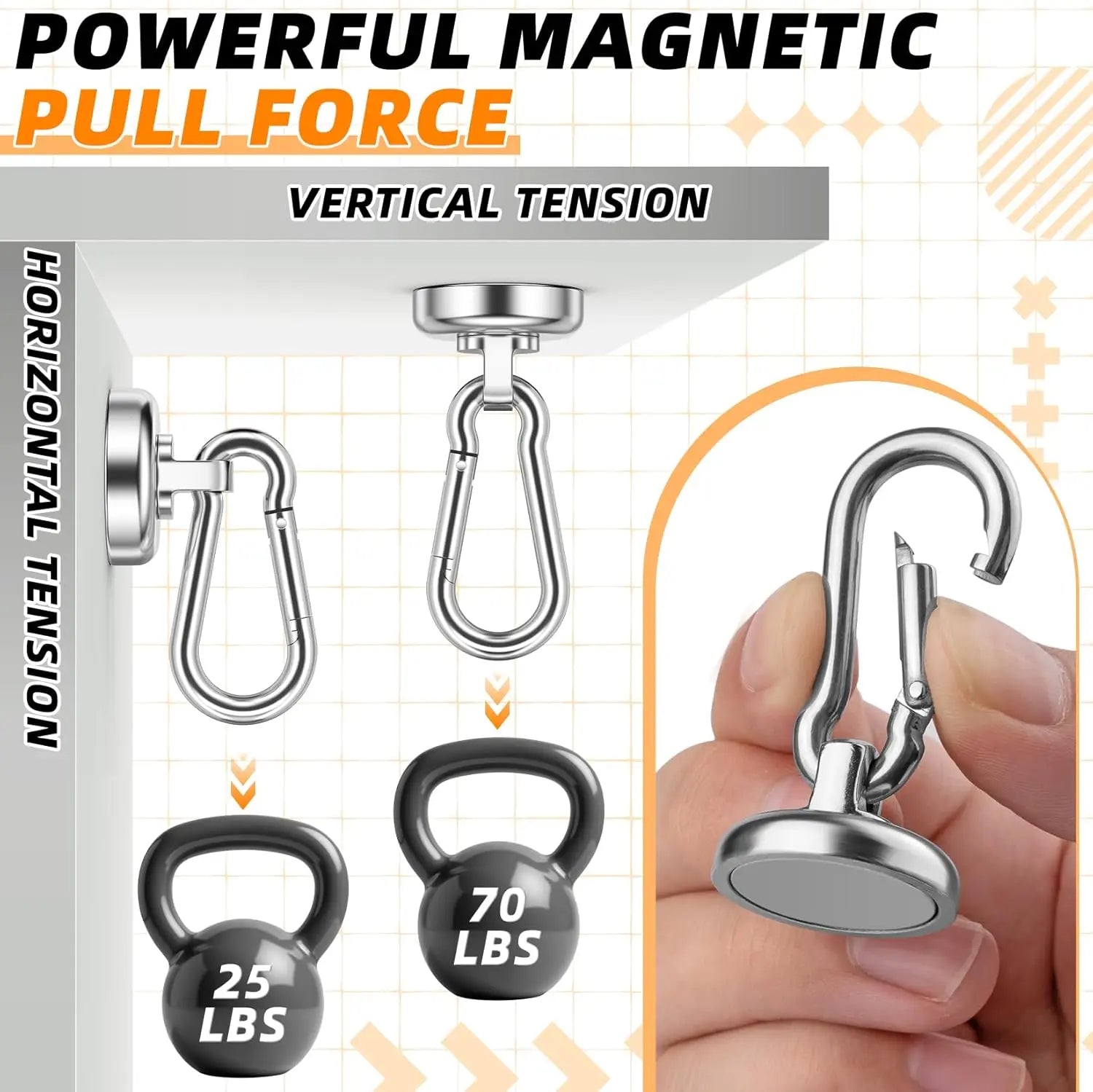 10 Pack Strong Neodymium Magnetic Hooks Heavy Duty with Swivel Carabiner, 70LBS Magnet Hooks for Hanging, Magnet with Hook for Kitchen, Home, Warehouse, School Wholesale Hub