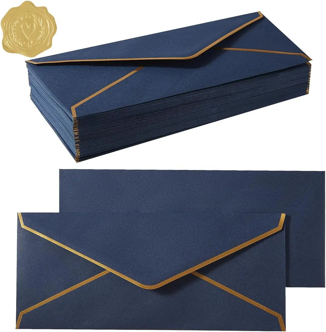 100 Pack #10 Business Envelopes with Gold Border, Self Seal Standard Envelopes with Gold Stickers for Office, Checks, Letter Mailing, Invoices, 4 1/8 x 9 1/2 Inches (Navy Blue) Wholesale Hub