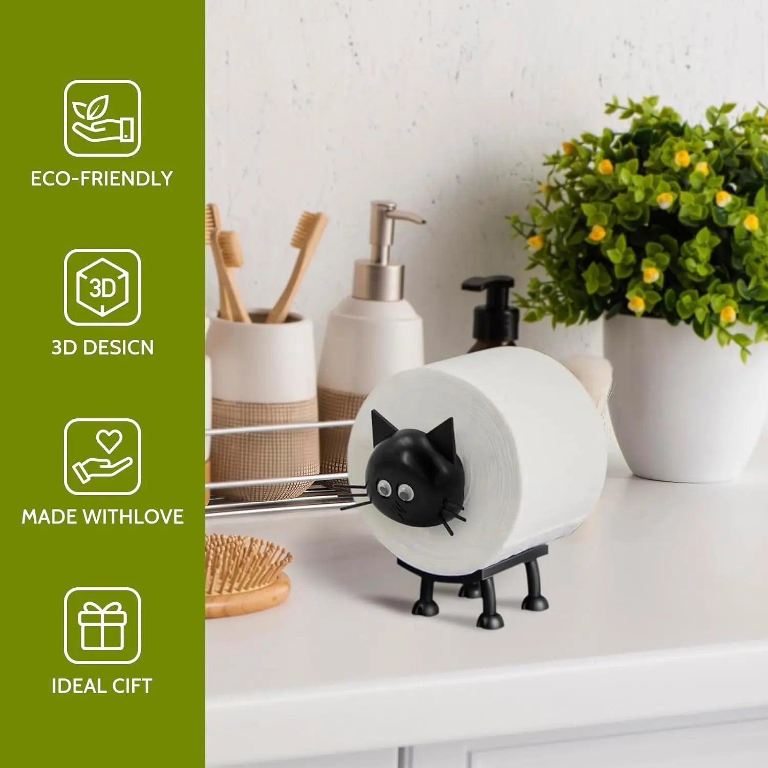 Cat Toilet Roll Holder: Tissue Paper Storage Stand - 3D Printed Black Loo Holder Bathroom Set for Shelf Housewarming Gift Decor (Cat-1Pcs) Cat-1pcs Wholesale Hub