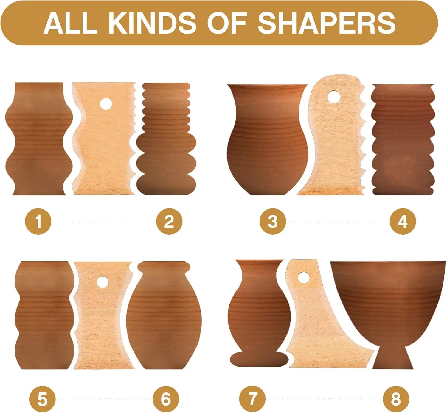 7 pcs Big Size Pottery Foot Shaper Tools Trimming Ceramics Profile Rib Bundle for Carving Clay Molds Ceramics, Beech Wood Wholesale Hub