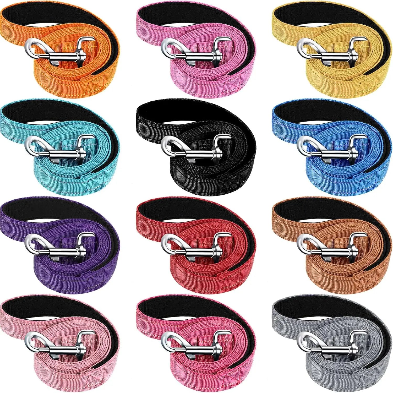 12 Pack Dog Leash Bulk, Double Sided Reflective, Nylon Leashes with Padded Handle for Small, Medium, and Large Dogs, 5 Feet Long, Puppy Walking Training Wholesale Hub