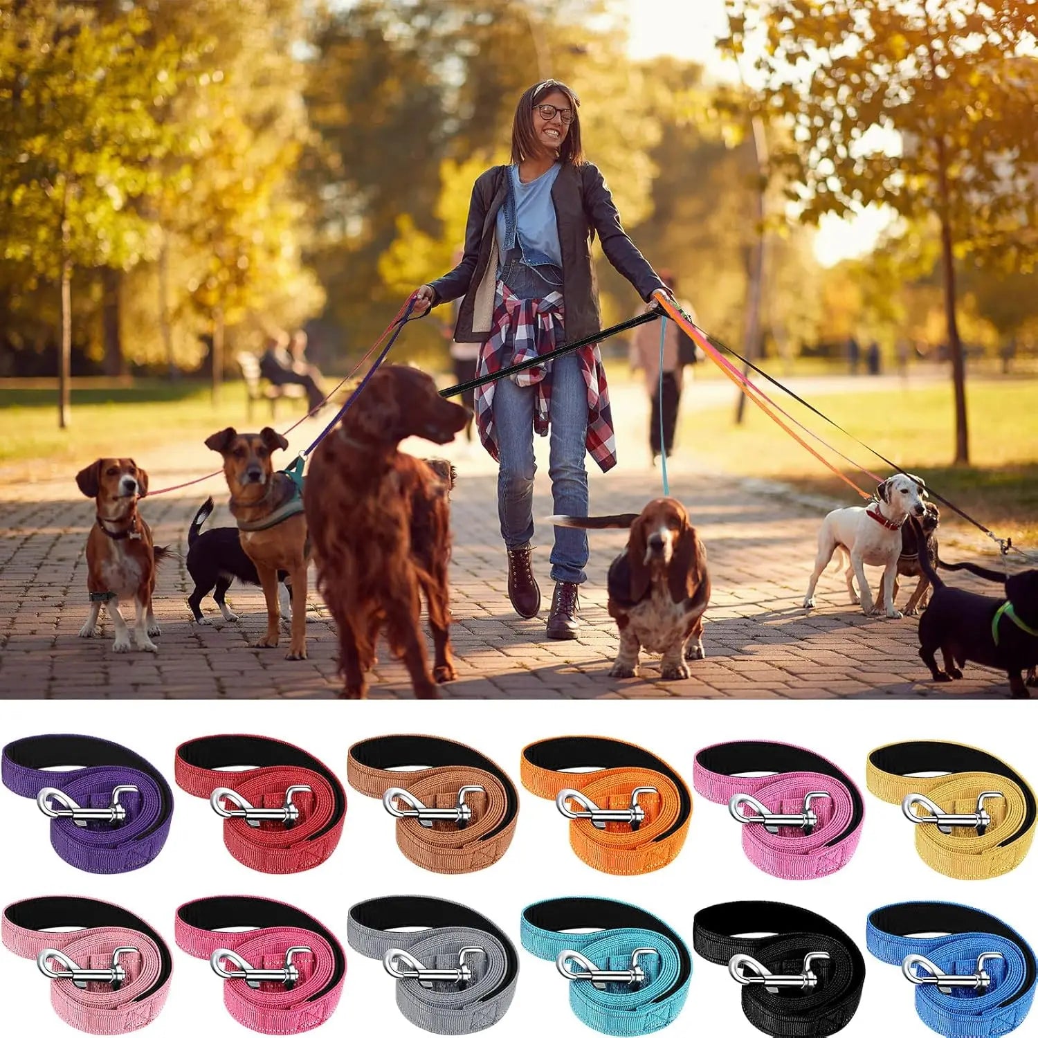12 Pack Dog Leash Bulk, Double Sided Reflective, Nylon Leashes with Padded Handle for Small, Medium, and Large Dogs, 5 Feet Long, Puppy Walking Training Wholesale Hub