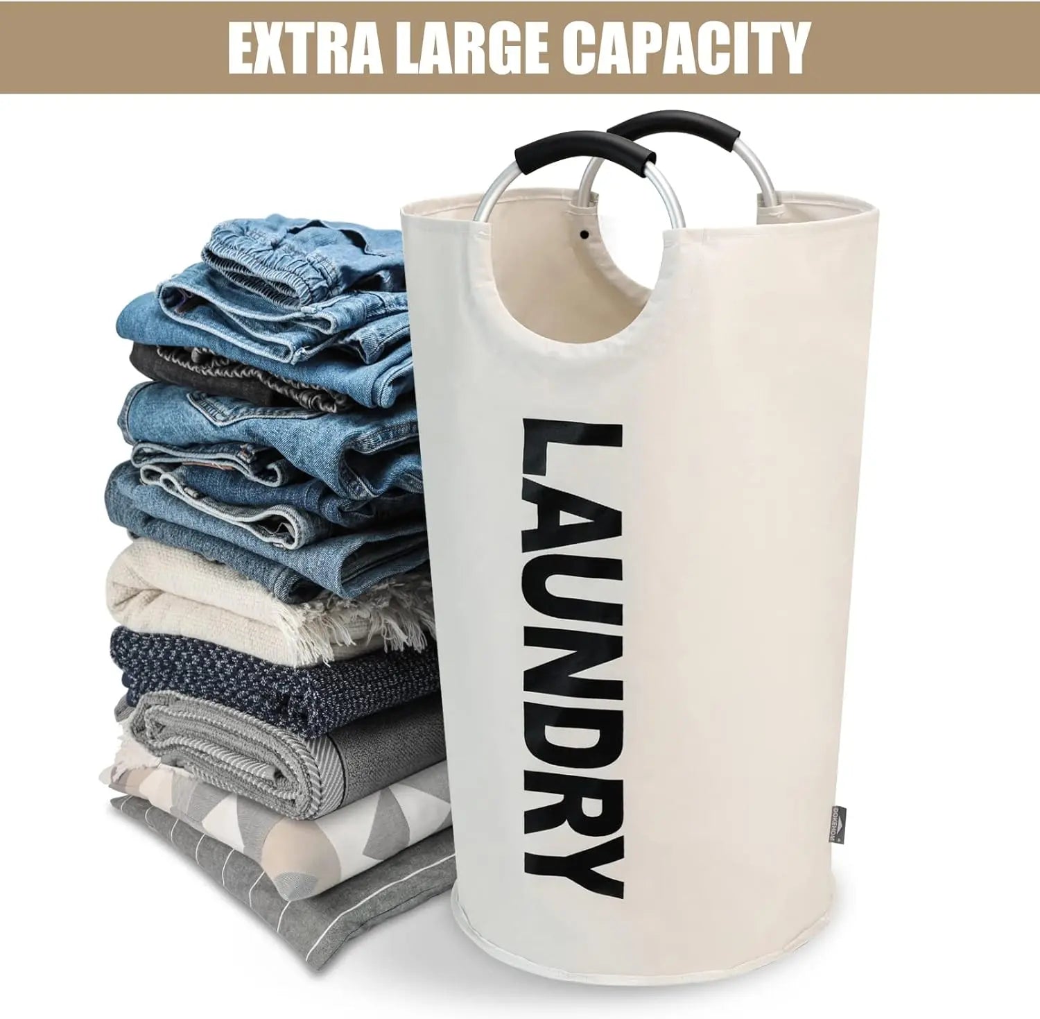 Petluno 90L Large Laundry Basket, Collapsible Bag, Freestanding Tall Clothes Hamper, Foldable Washing Bin (Beige) Beige Wholesale Hub