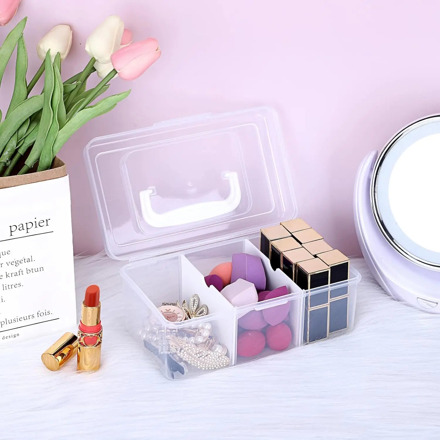 Petluno Clear Stackable Storage Box with Divider Tray, Plastic 3-Compartment Multi-functional Container for Nail Polish, Toys, Crafts, Stationery, Sewing, Fishing Gear Transparent Small Wholesale Hub