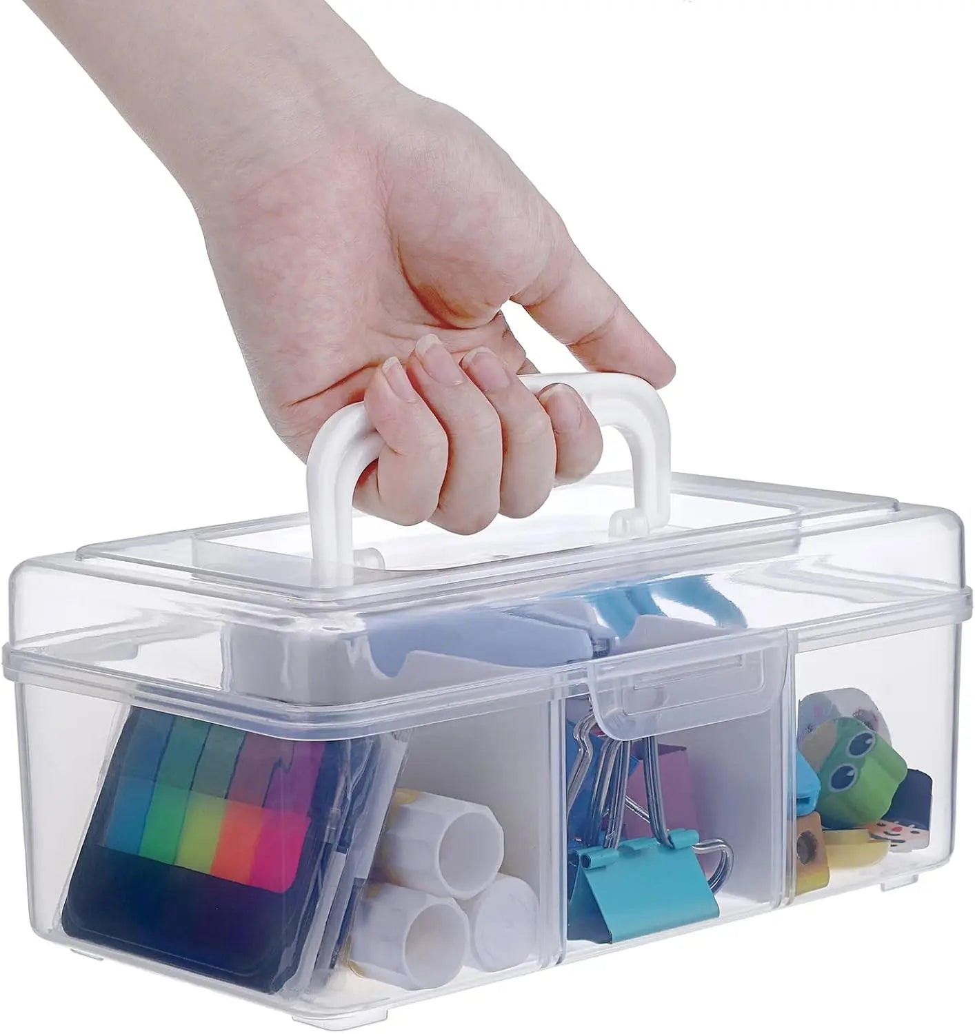 Petluno Clear Stackable Storage Box with Divider Tray, Plastic 3-Compartment Multi-functional Container for Nail Polish, Toys, Crafts, Stationery, Sewing, Fishing Gear Transparent Small Wholesale Hub