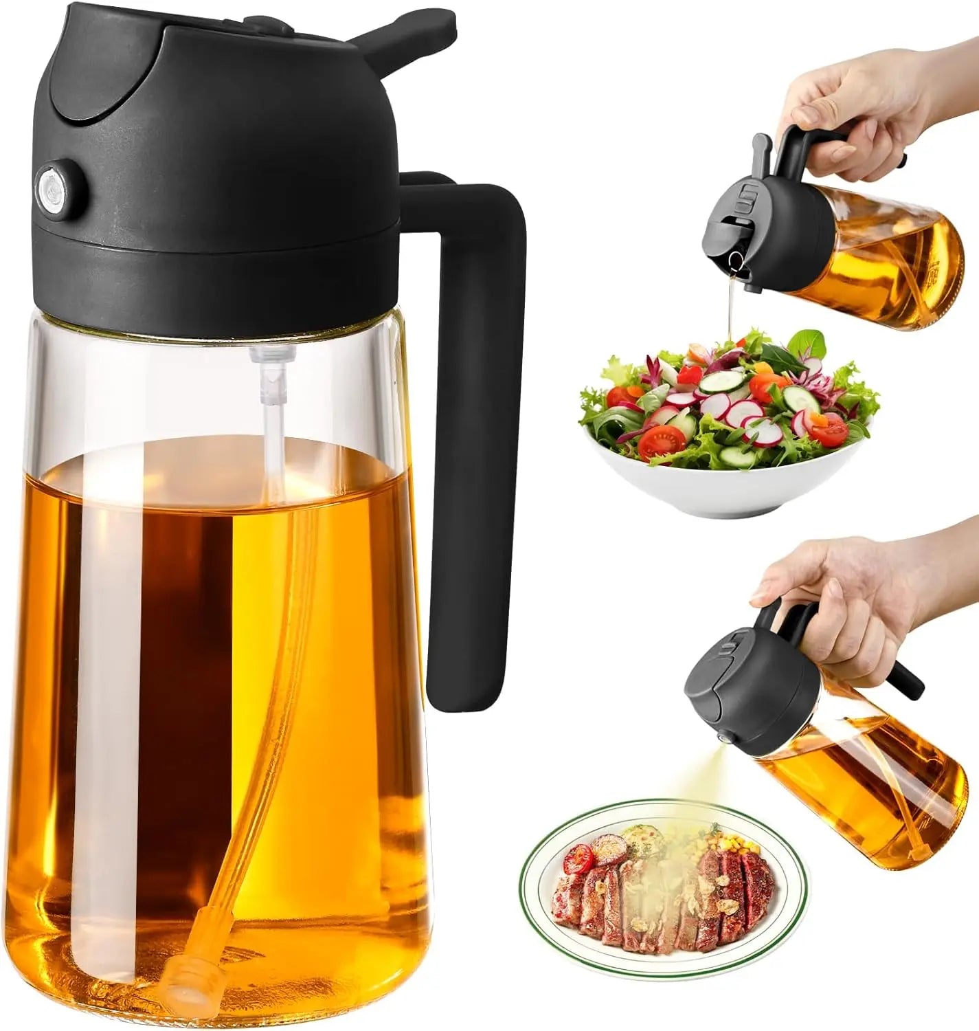 Oil Sprayer for Cooking, 470ml/16oz 2 in 1 Oil Dispenser and Oil Sprayer, Glass Olive Oil Bottle Pourer for Kitchen, Cooking, Salad, Barbecue (Black) Wholesale Hub