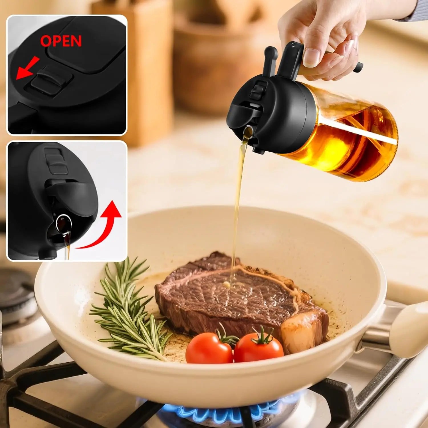 Oil Sprayer for Cooking, 470ml/16oz 2 in 1 Oil Dispenser and Oil Sprayer, Glass Olive Oil Bottle Pourer for Kitchen, Cooking, Salad, Barbecue (Black) Wholesale Hub