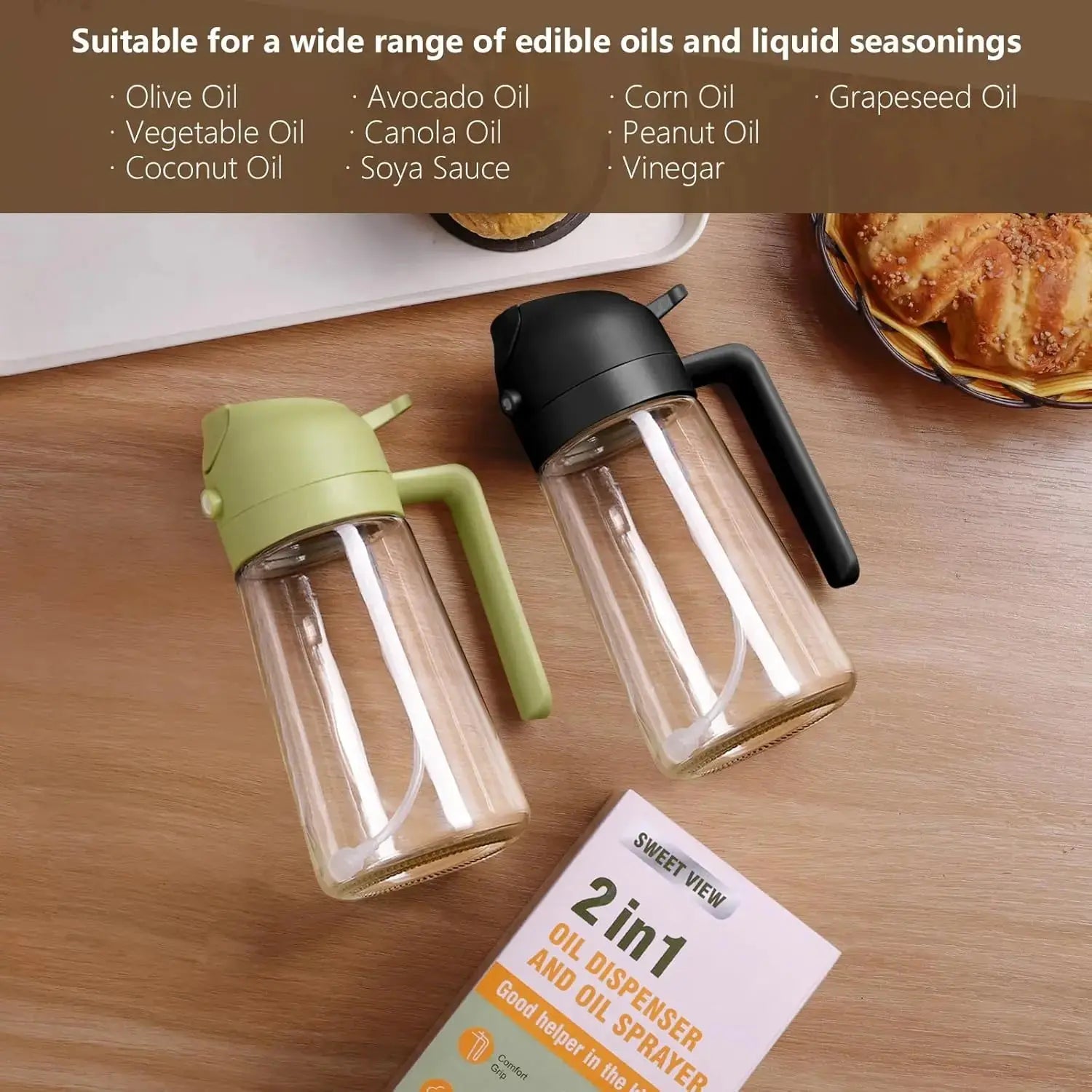 Oil Sprayer for Cooking, 470ml/16oz 2 in 1 Oil Dispenser and Oil Sprayer, Glass Olive Oil Bottle Pourer for Kitchen, Cooking, Salad, Barbecue (Black) Wholesale Hub