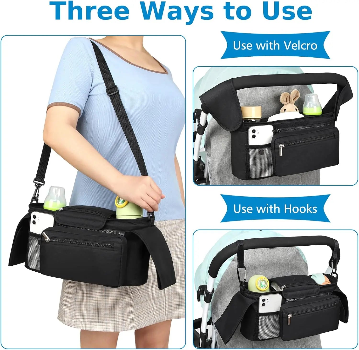 Universal Stroller Organizer with Insulated Cup Holder Detachable Phone Bag and Shoulder Strap,Stroller Bag Caddy Organizer Accessories Fits for Uppababy, Baby Jogger, Britax Strollers Wholesale Hub